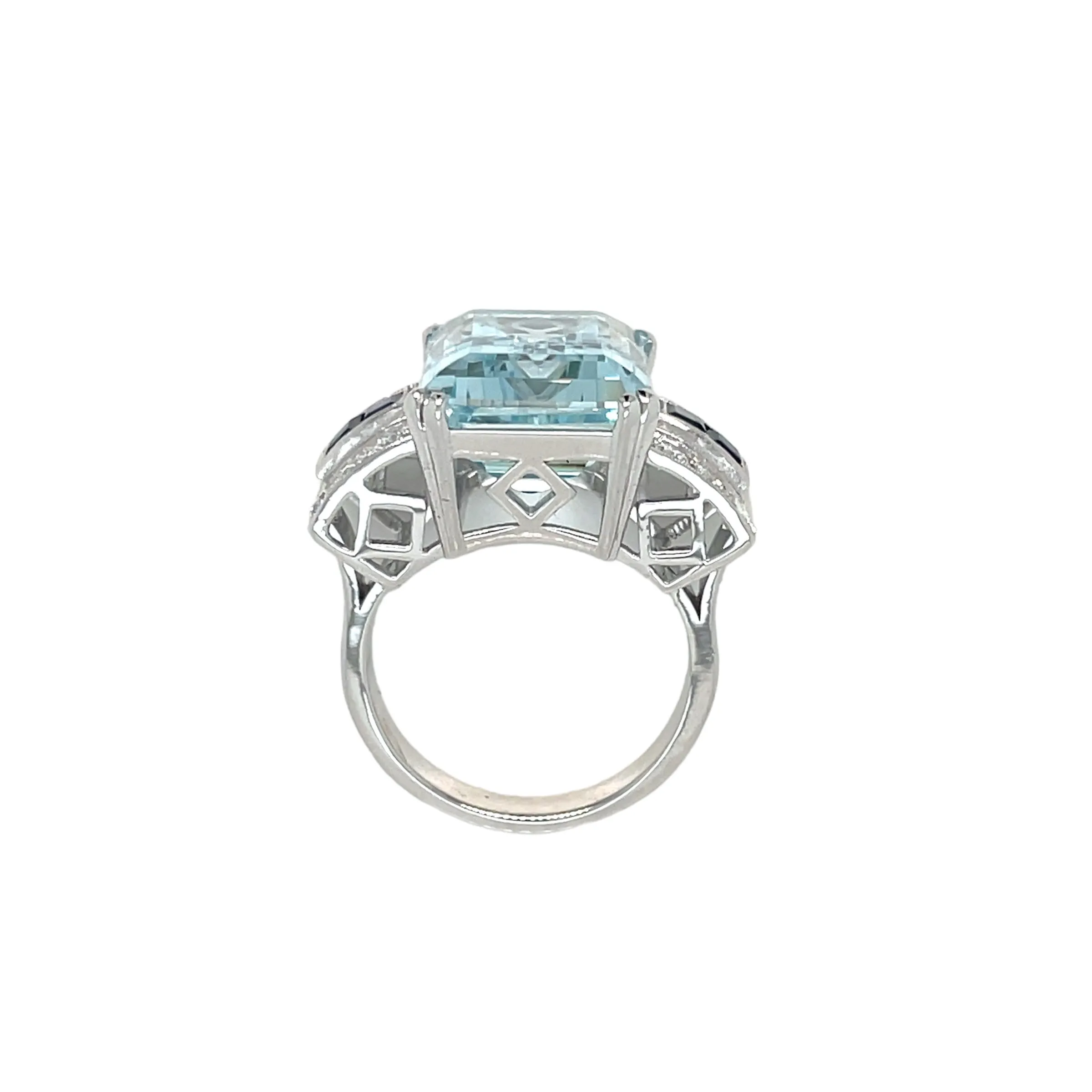Art Deco 12 Carat Aquamarine Diamond Sapphire Gold Ring