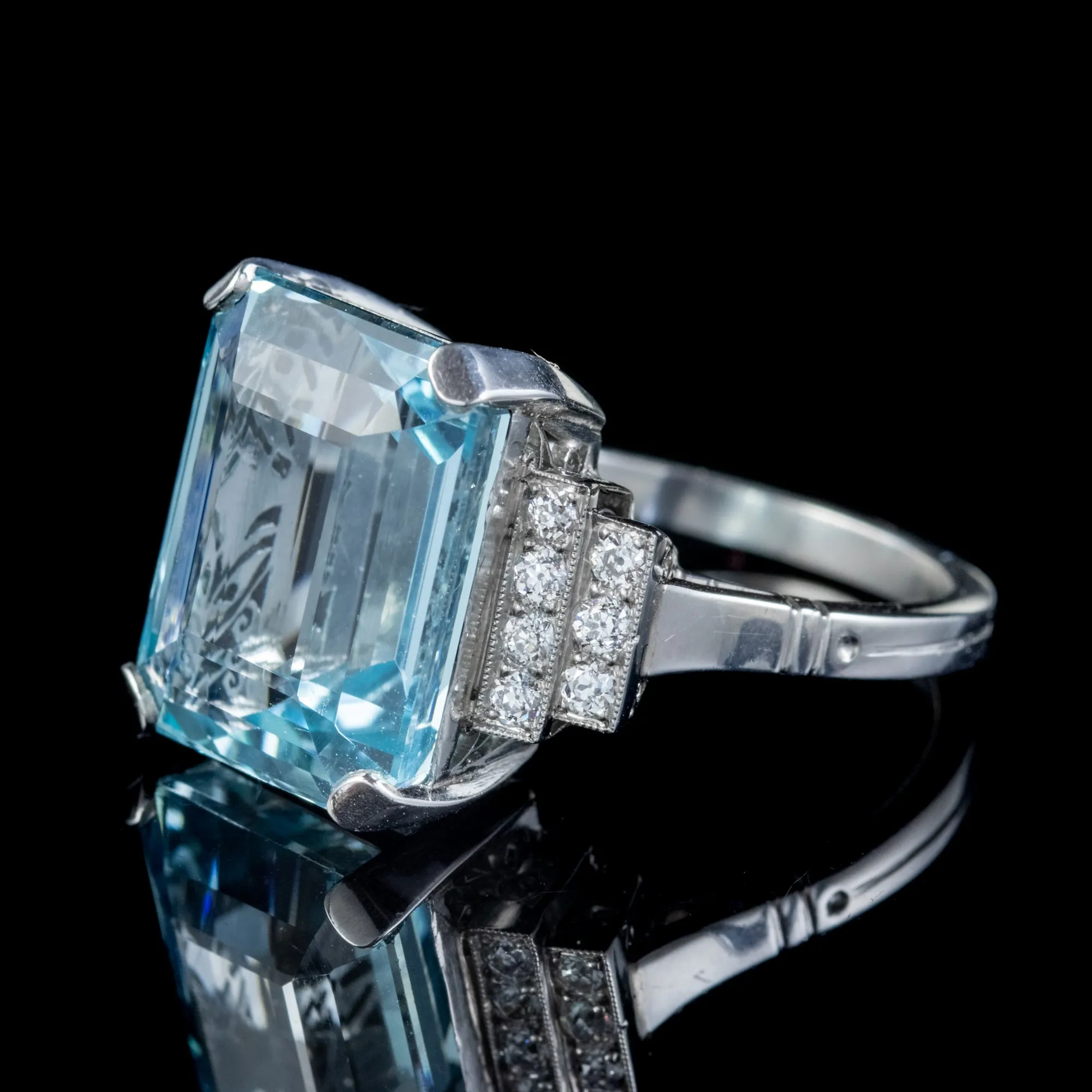 Art Deco Aquamarine Diamond Ring Platinum 13.17Ct Emerald Cut Aqua Circa 1920