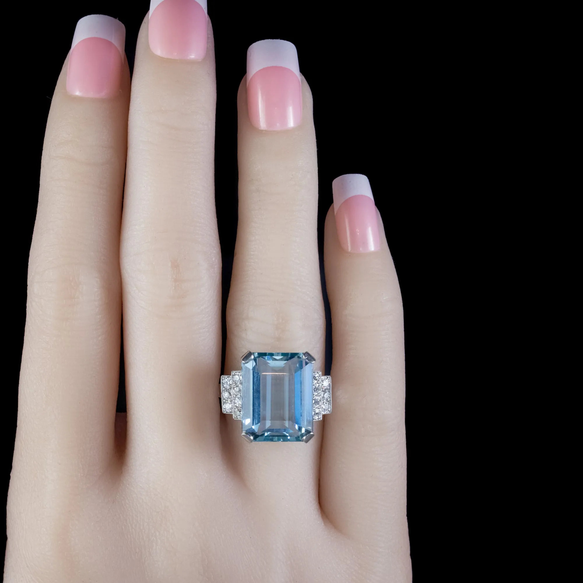 Art Deco Aquamarine Diamond Ring Platinum 13.17Ct Emerald Cut Aqua Circa 1920
