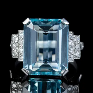 Art Deco Aquamarine Diamond Ring Platinum 13.17Ct Emerald Cut Aqua Circa 1920