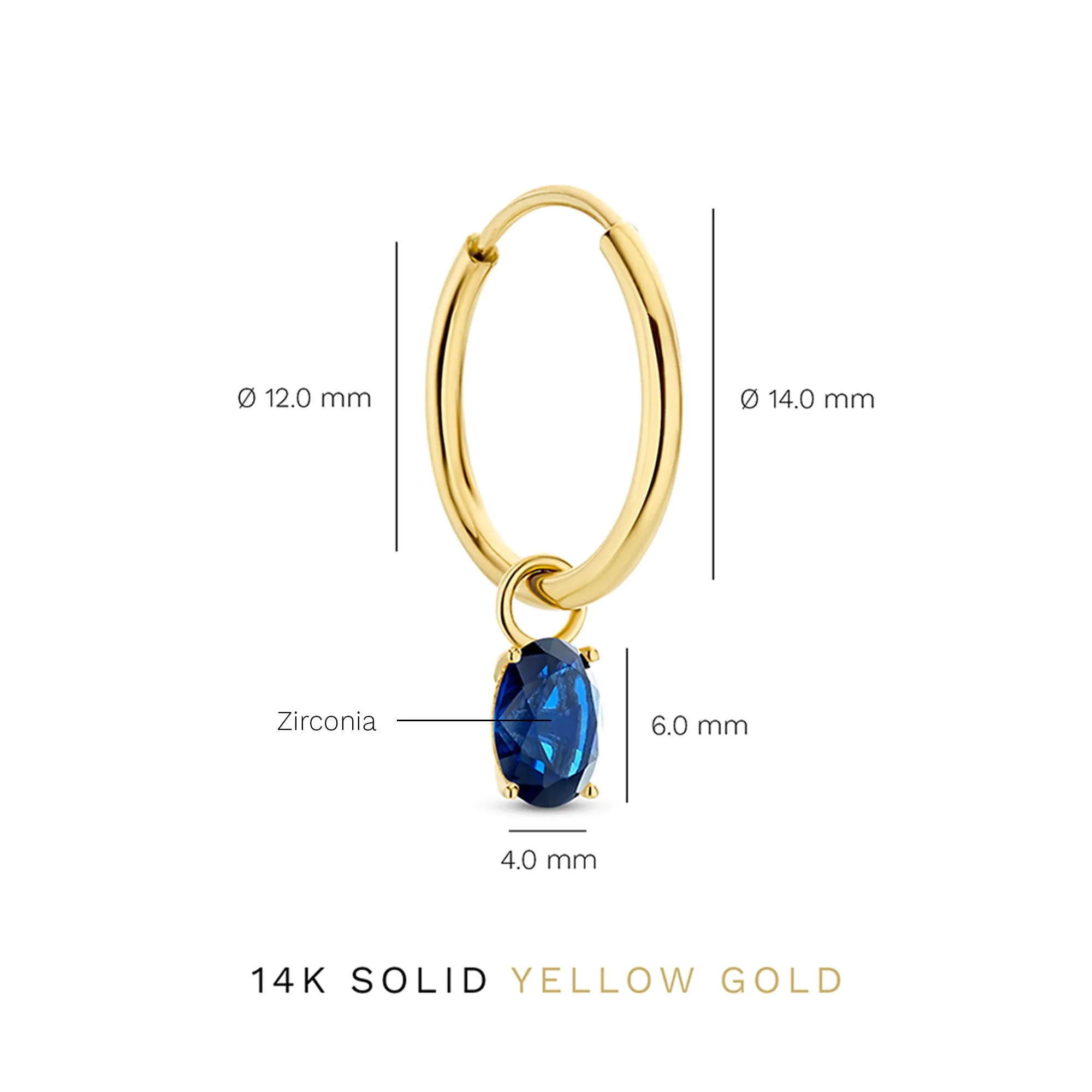 Baguette Nila 14 karat gold hoop earrings with blue zirconia stone