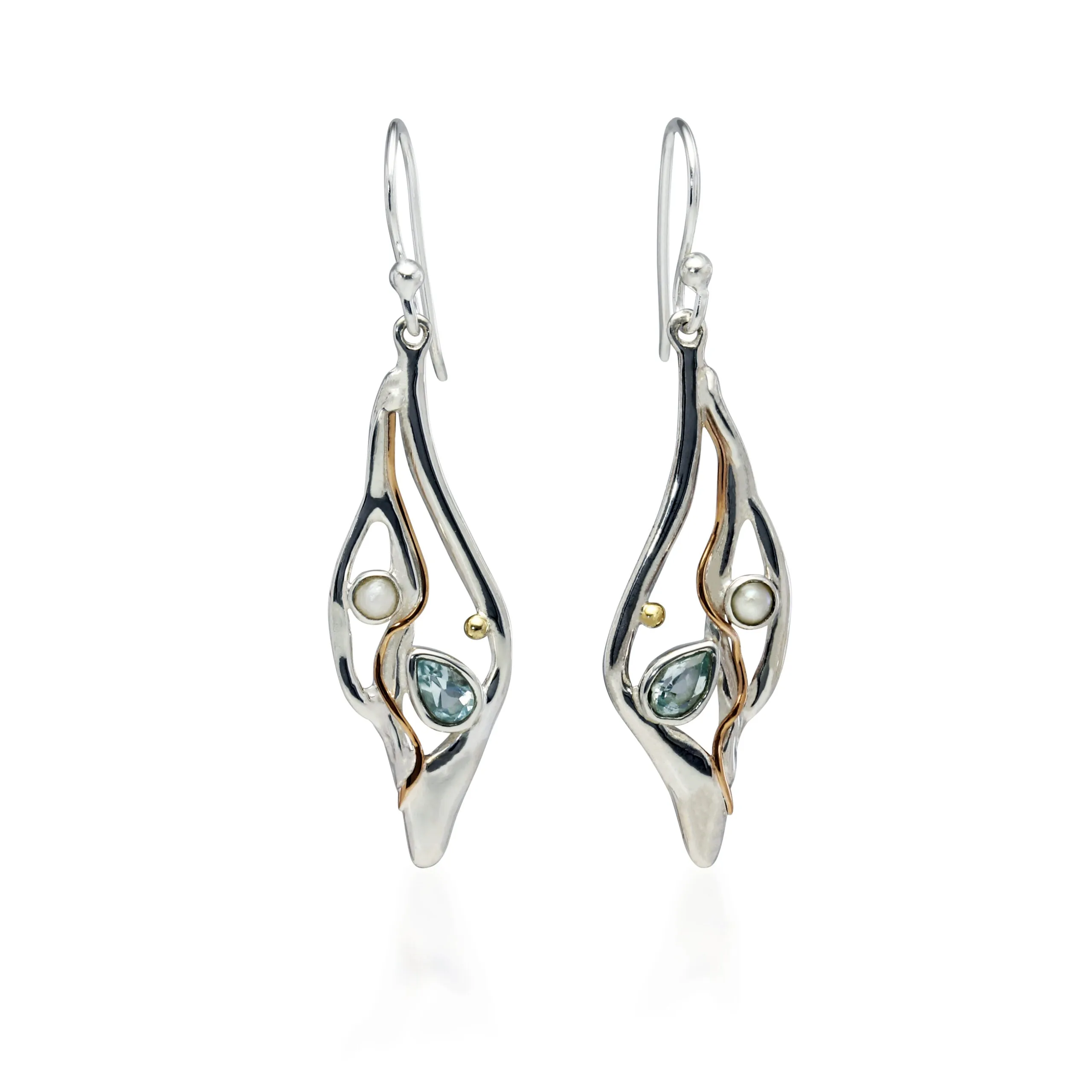 Banyan Molten Silver Drop Earrings with Blue Topaz and Pearl