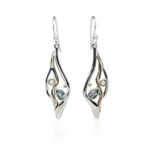 Banyan Molten Silver Drop Earrings with Blue Topaz and Pearl