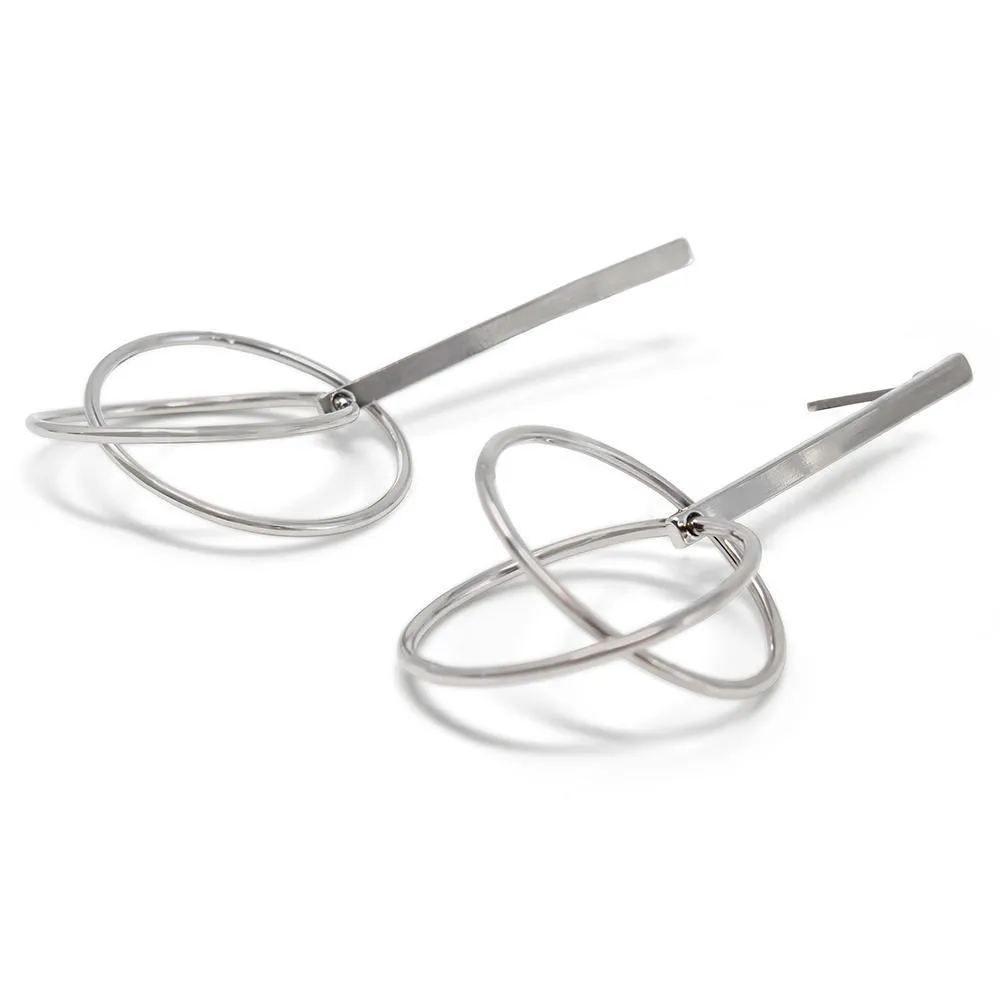 Bar Stud Earrings with Two Open Circle Rhodium Plated