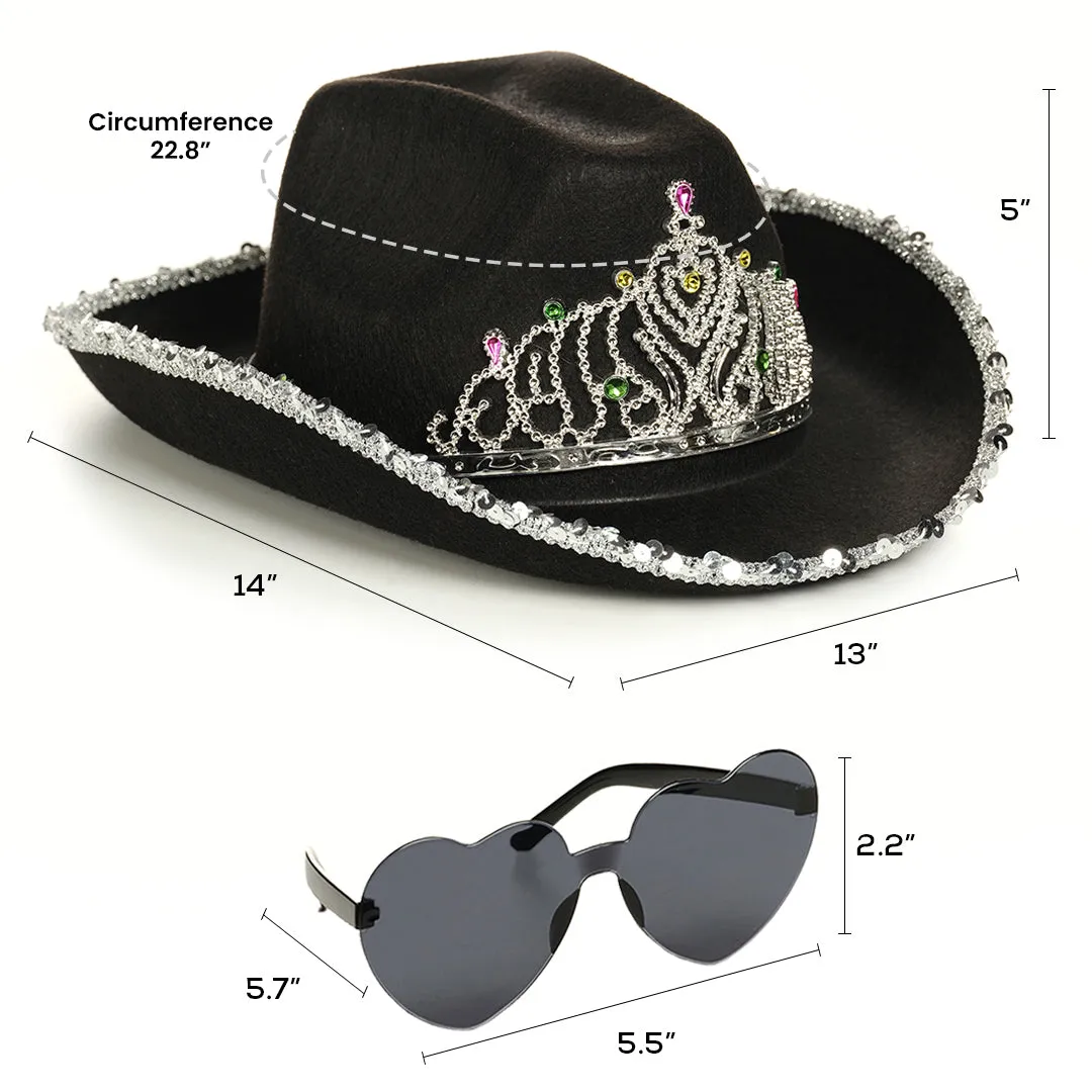 Black Cowgirl Hat with Heart Glasses - Black Cowboy Hat with Tiara Crown - FUNCREDIBLE