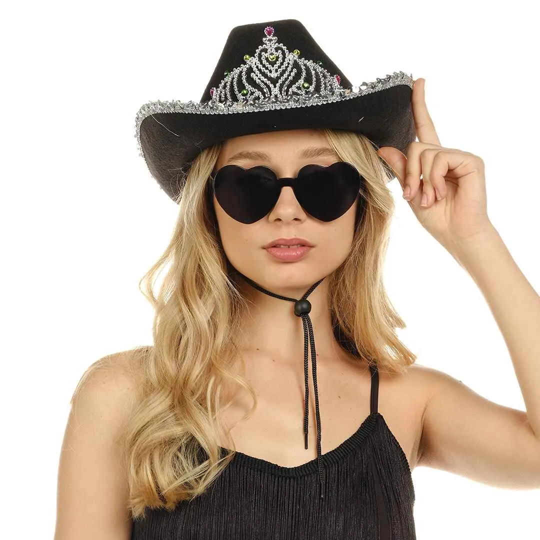 Black Cowgirl Hat with Heart Glasses - Black Cowboy Hat with Tiara Crown - FUNCREDIBLE