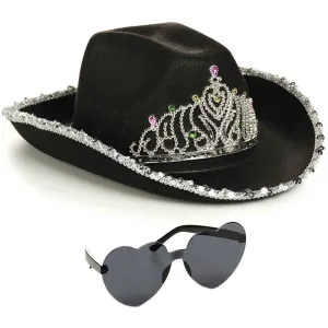 Black Cowgirl Hat with Heart Glasses - Black Cowboy Hat with Tiara Crown - FUNCREDIBLE