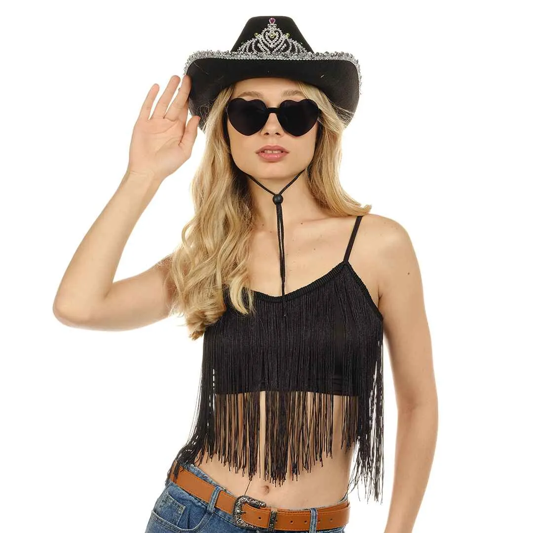 Black Cowgirl Hat with Heart Glasses - Black Cowboy Hat with Tiara Crown - FUNCREDIBLE