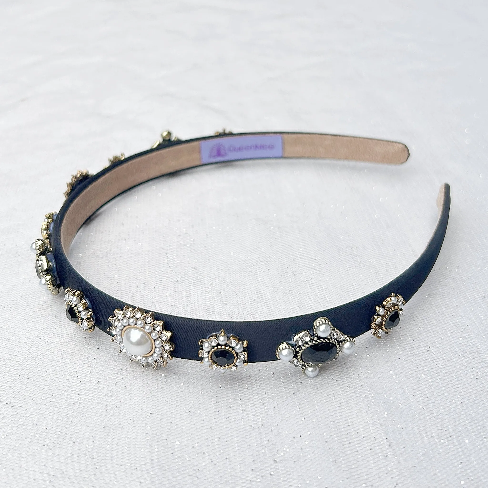 Black Headband Black Hair Band Thin Hair Band with Pearls and Jewels