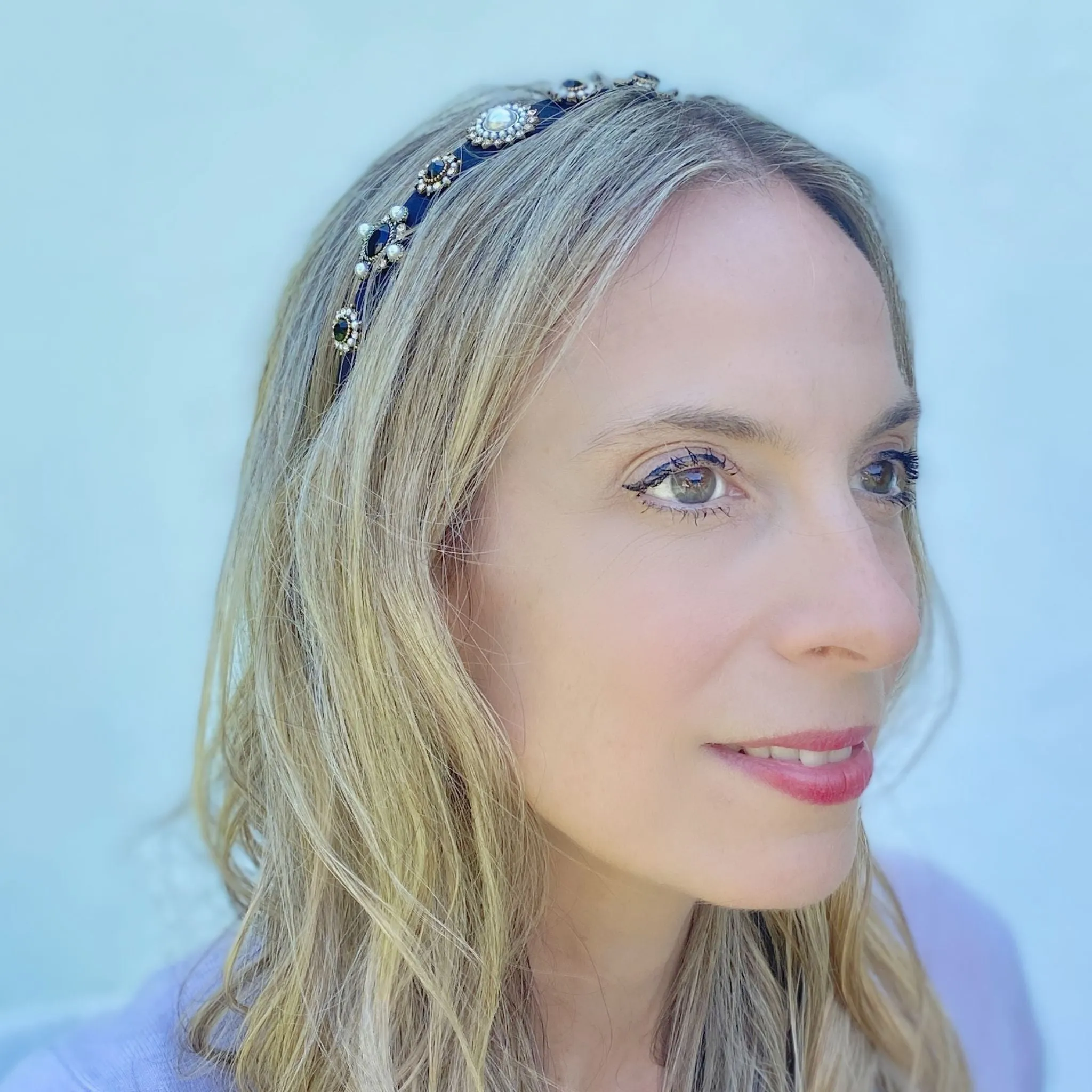 Black Headband Black Hair Band Thin Hair Band with Pearls and Jewels