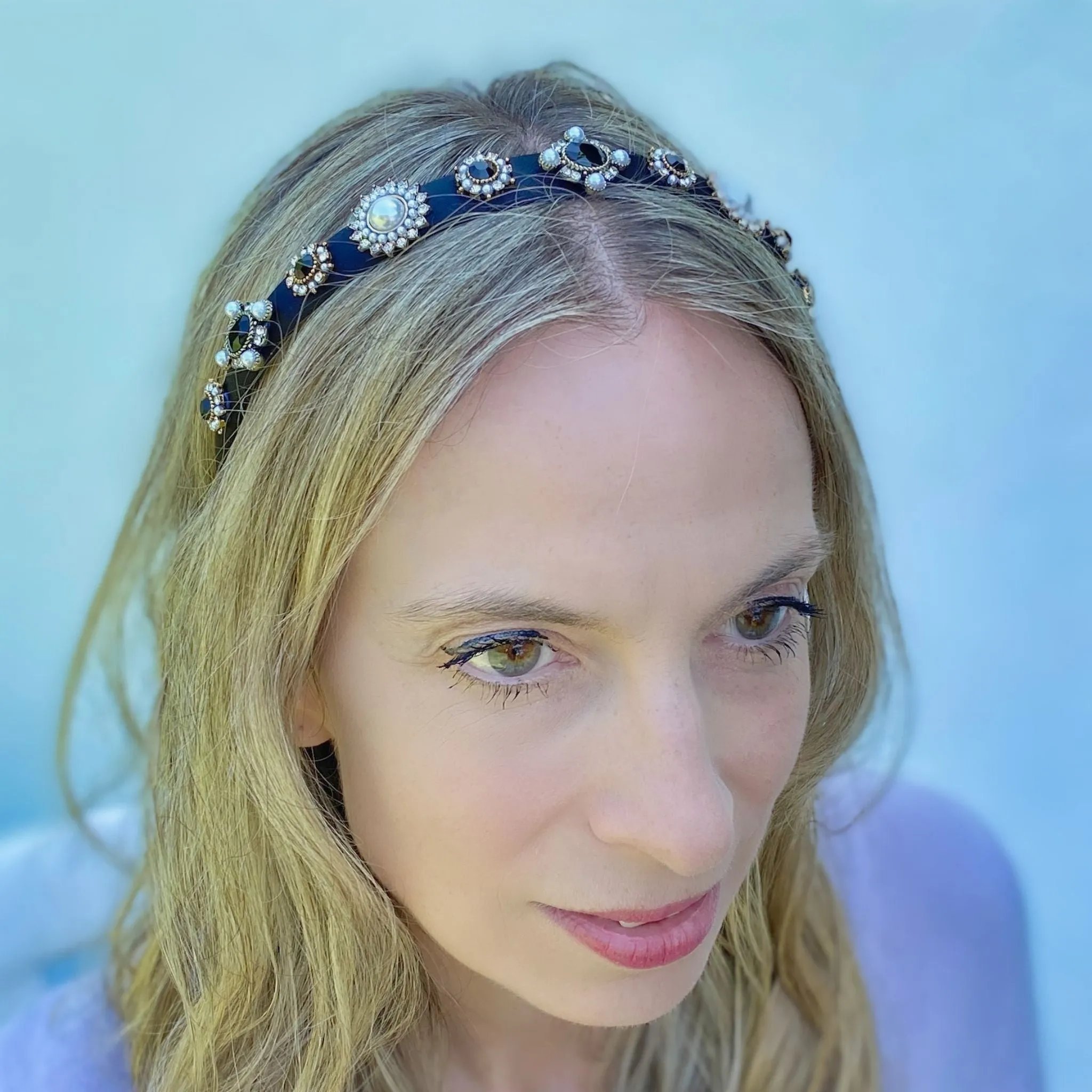 Black Headband Black Hair Band Thin Hair Band with Pearls and Jewels