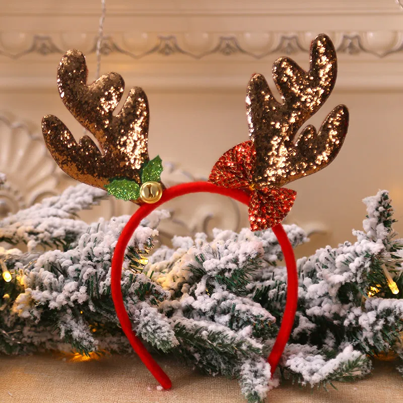 Christmas Holiday Reindeer Floral Headband Adult Child - Gold Glitter (Style 1)