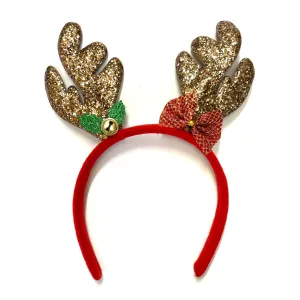 Christmas Holiday Reindeer Floral Headband Adult Child - Gold Glitter (Style 1)