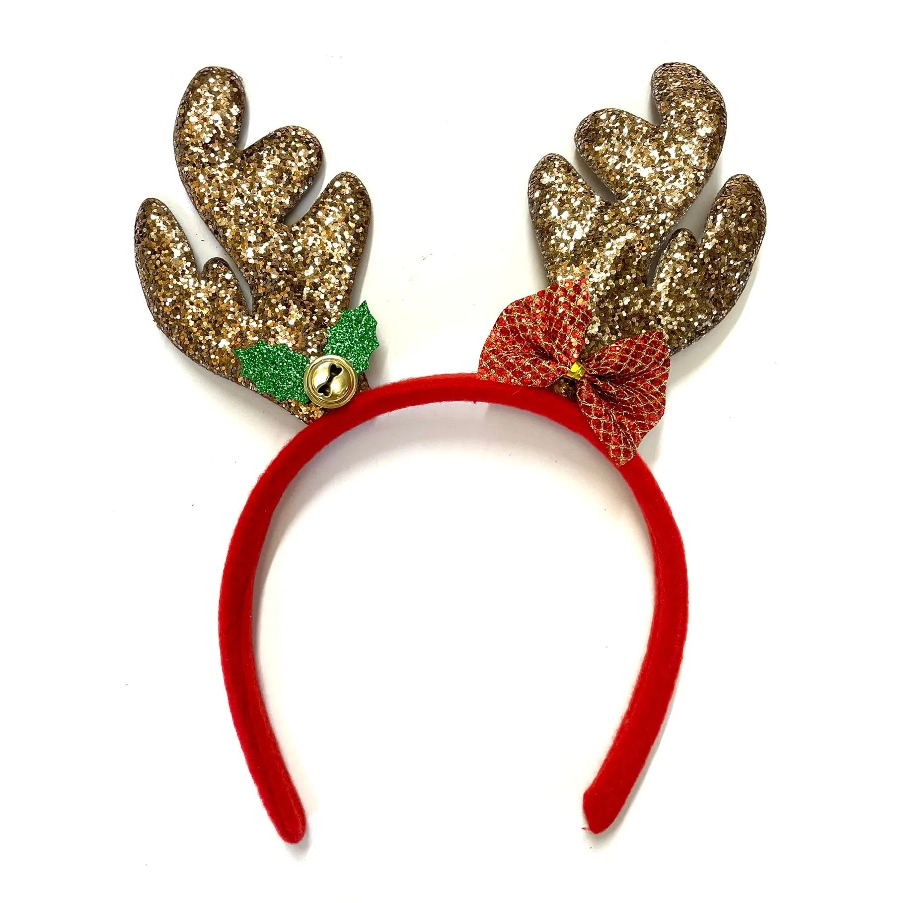 Christmas Holiday Reindeer Floral Headband Adult Child - Gold Glitter (Style 1)
