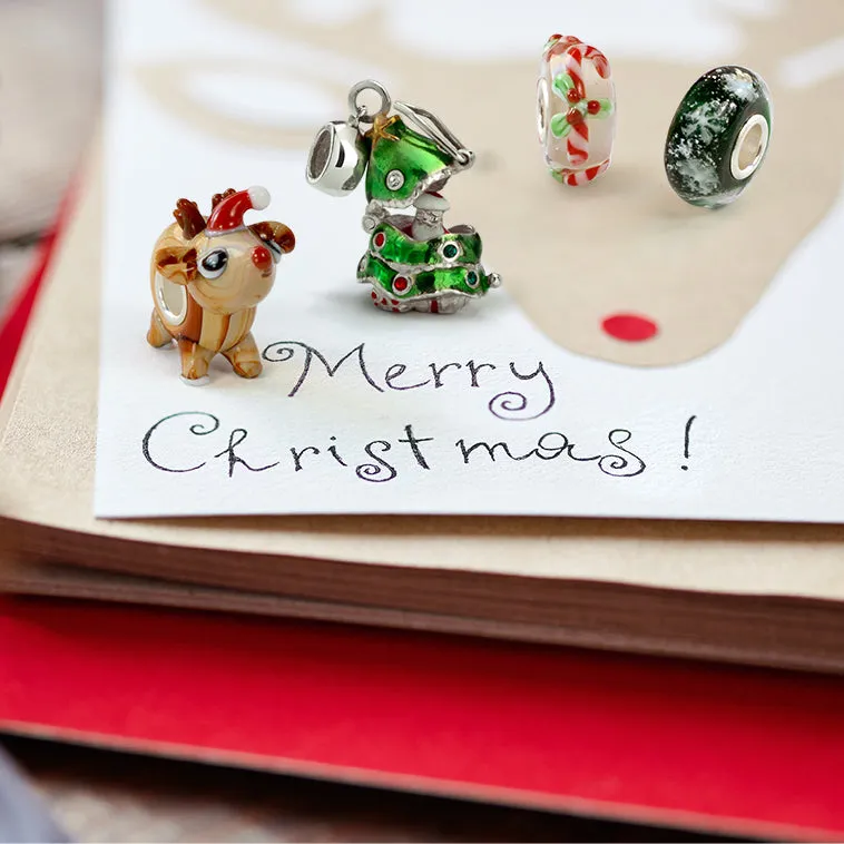 Christmas Set Santa Hat Pig Reindeer Snowman Snowflake Glass Bead .925 Silver