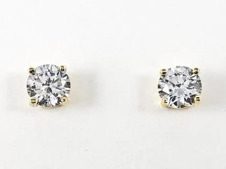 Classic Round Cut Prong Setting CZ Gold Tone Stud Brass Earrings