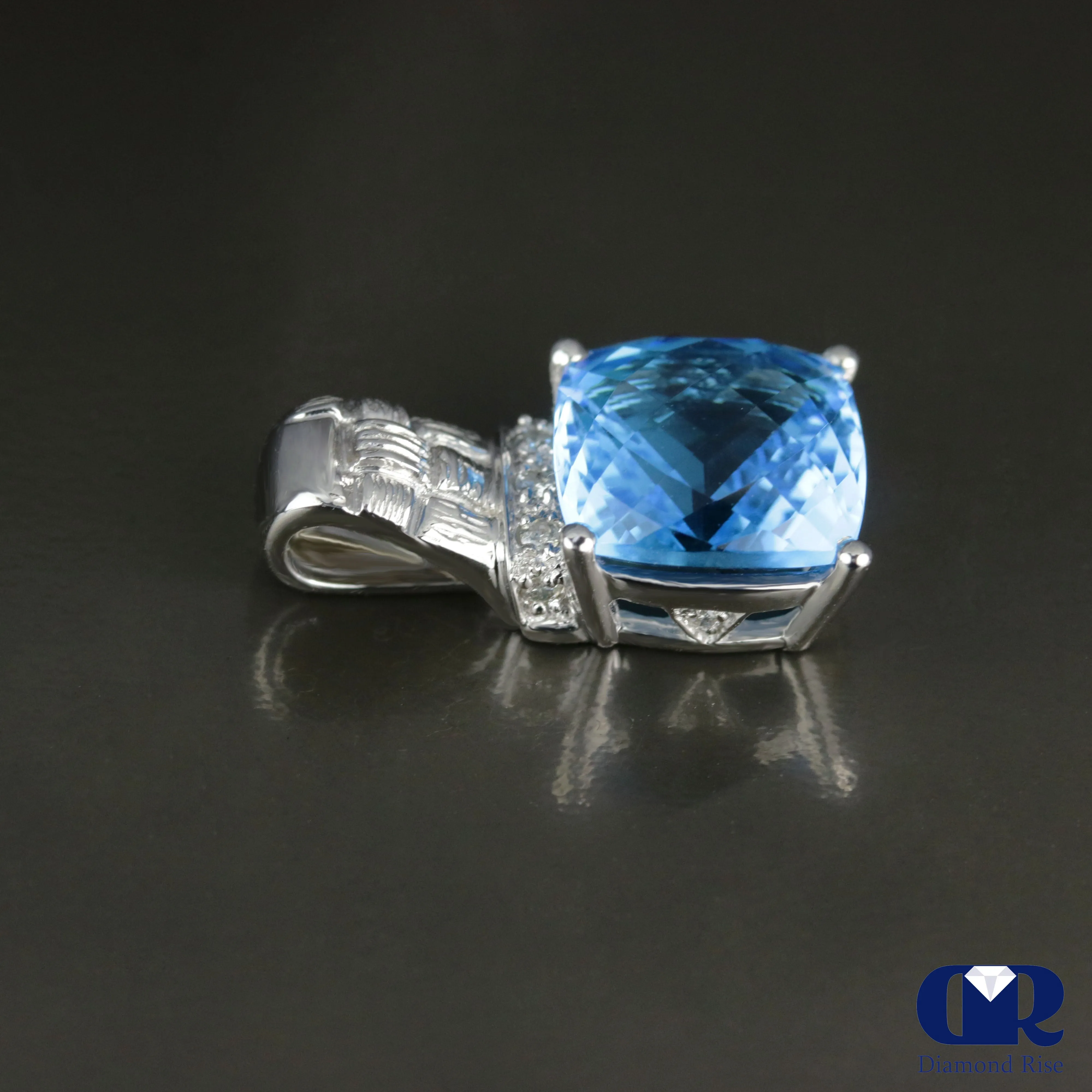 Cushion Cut Blue Topaz & Diamond Pendant In 14K Gold