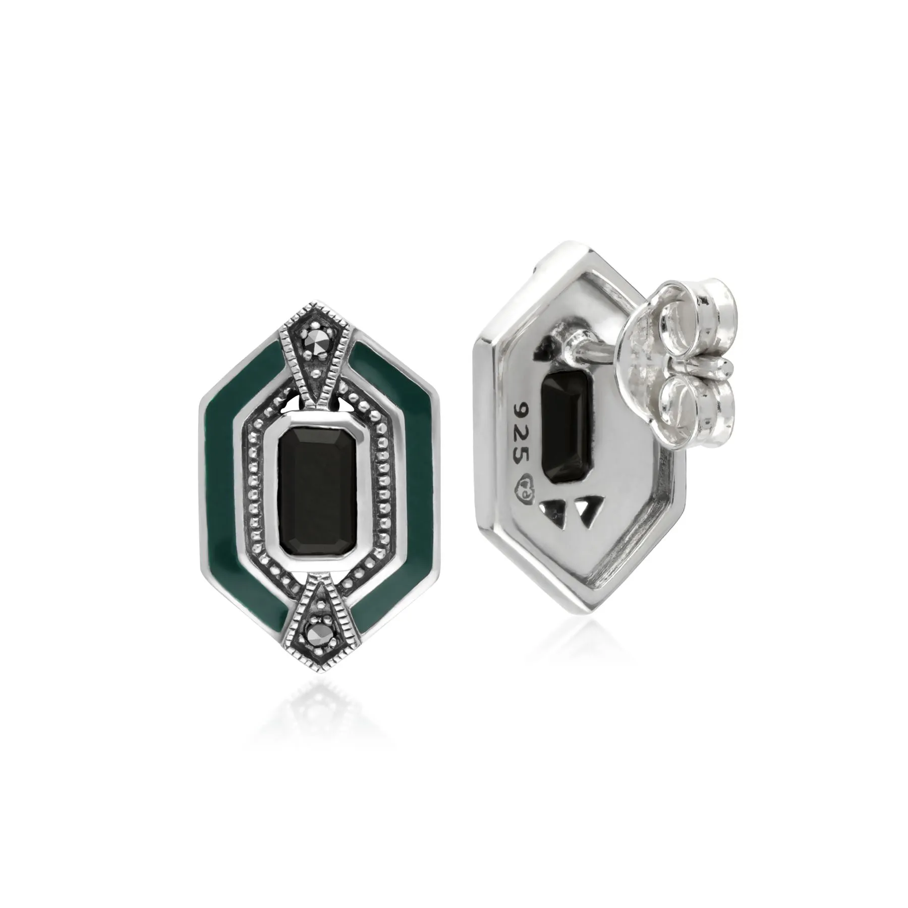 Damen Sterling Silber Schwarz Onyx, Markasit & Grün Emaille Hexagon Ohrstecker
