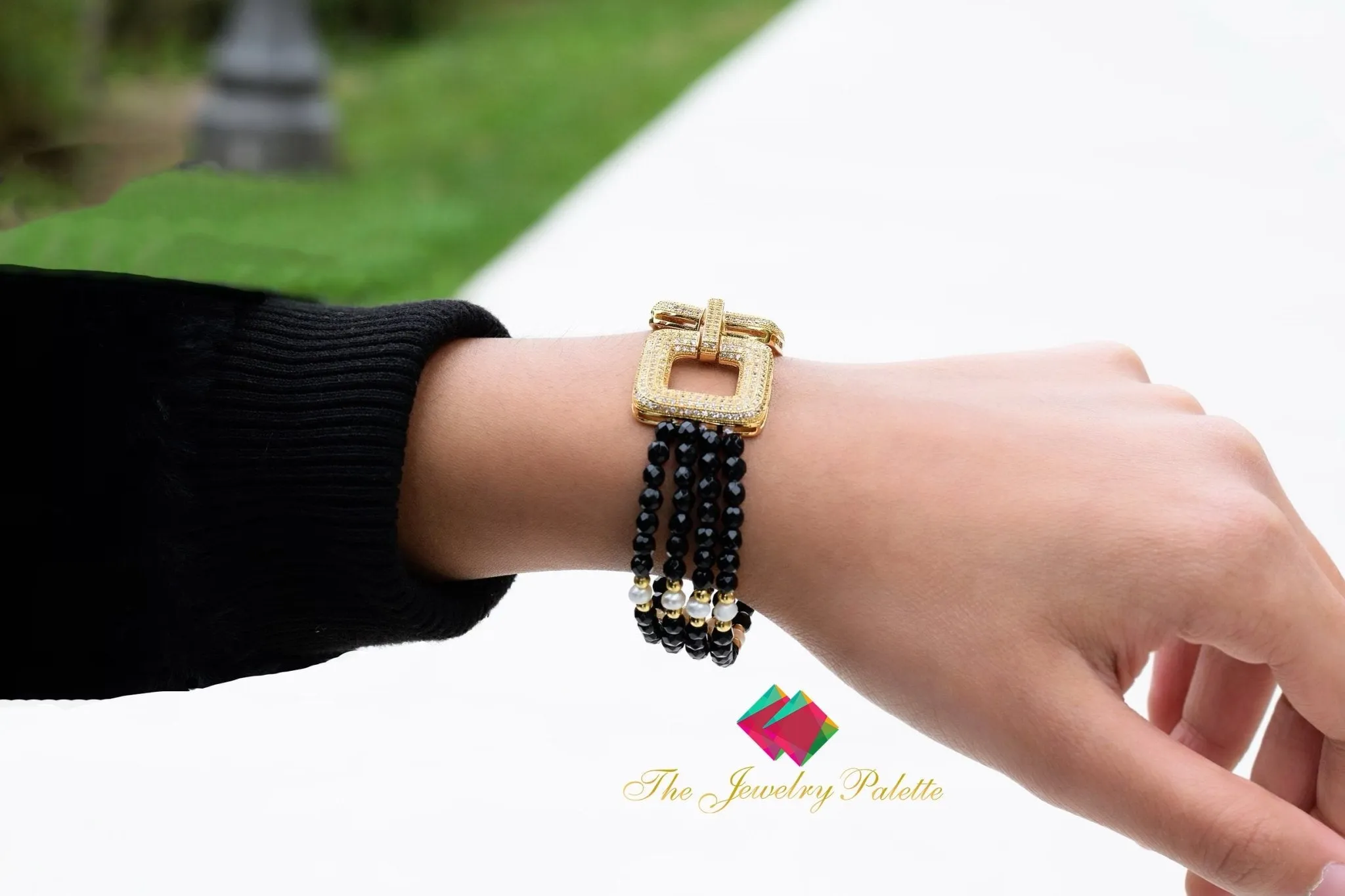 Deena luxe black onyx and white pearl multitiered bracelet