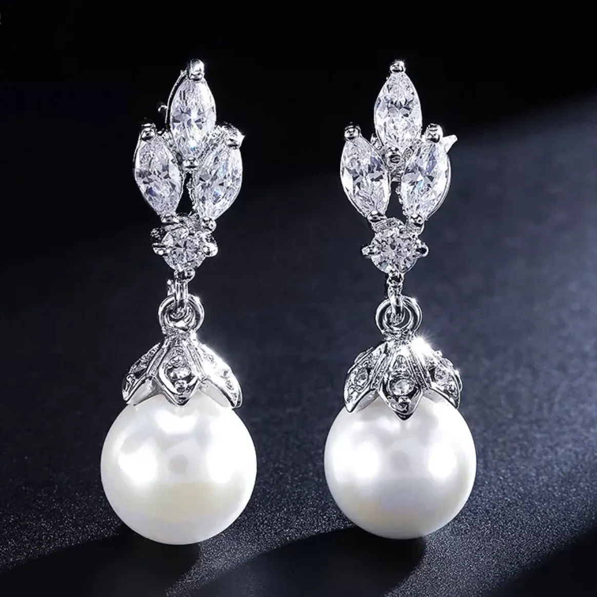 Delicate Cubic Zircon Leaf Dangle Earrings with Round Simulated Pearl Bridal Wedding Jewelry