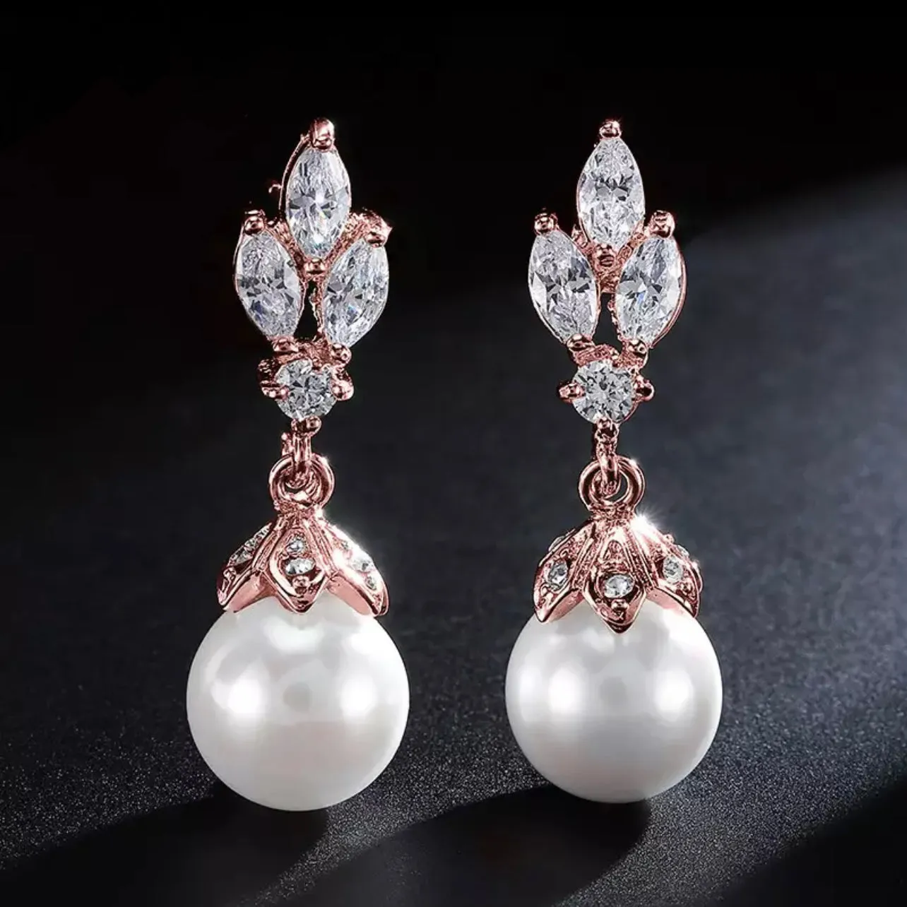 Delicate Cubic Zircon Leaf Dangle Earrings with Round Simulated Pearl Bridal Wedding Jewelry