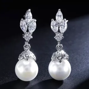 Delicate Cubic Zircon Leaf Dangle Earrings with Round Simulated Pearl Bridal Wedding Jewelry