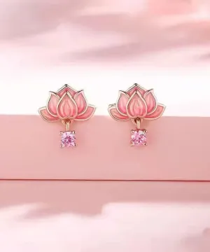DIY Pink Sterling Silver Overgild Inlaid Zircon Enamerl Stud Earrings LY8630