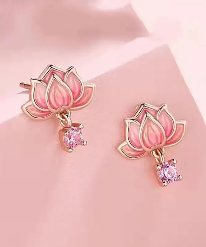 DIY Pink Sterling Silver Overgild Inlaid Zircon Enamerl Stud Earrings LY8630