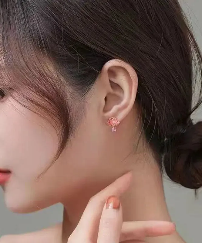 DIY Pink Sterling Silver Overgild Inlaid Zircon Enamerl Stud Earrings LY8630