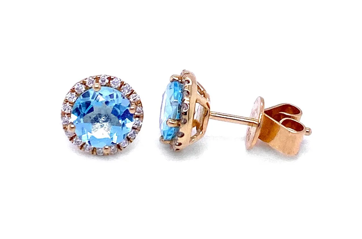 Earrings 14kt Gold Round Aquamarines & Diamonds