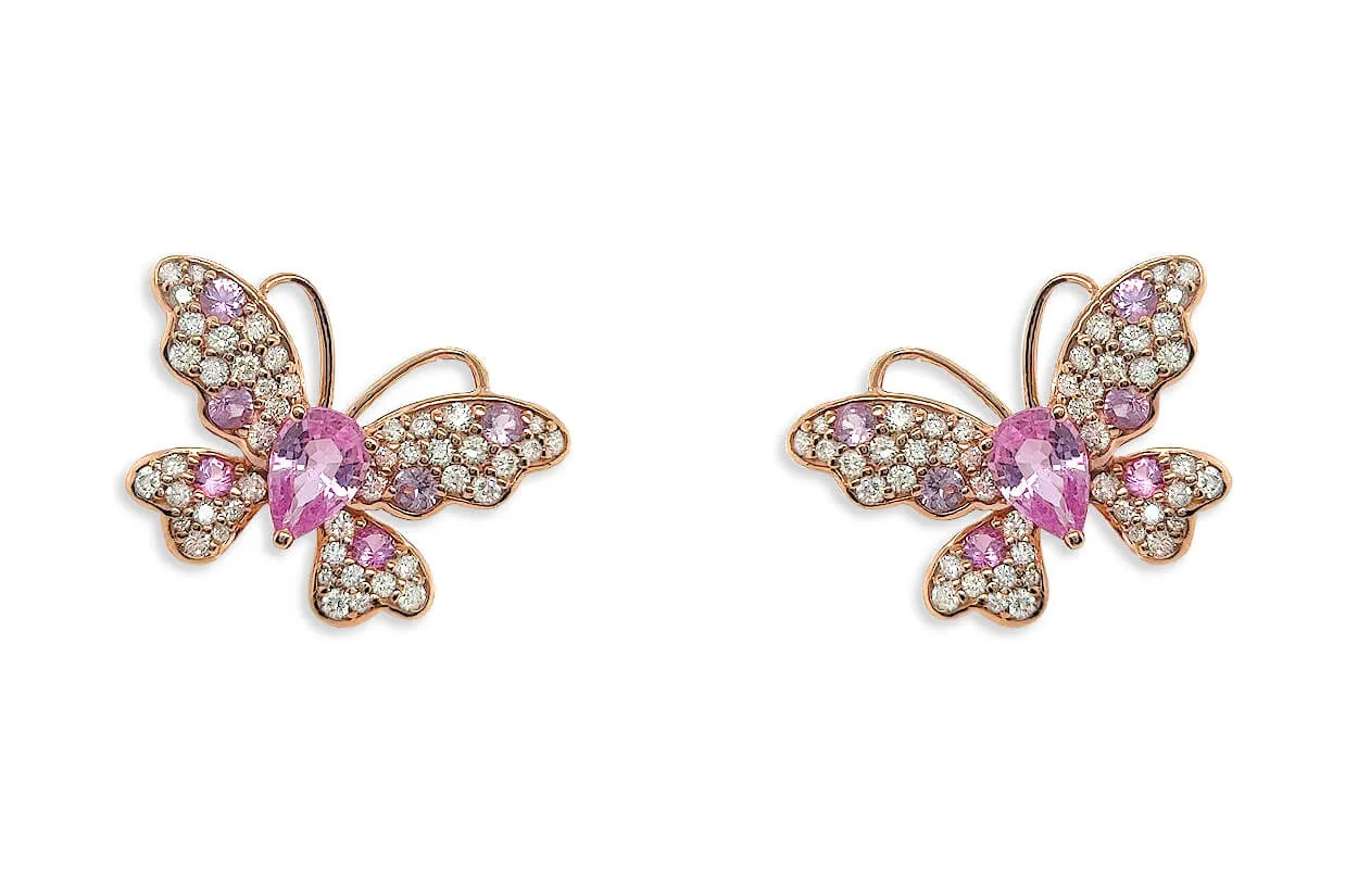Earrings 18kt Gold Pink Sapphire & Diamonds Butterflies