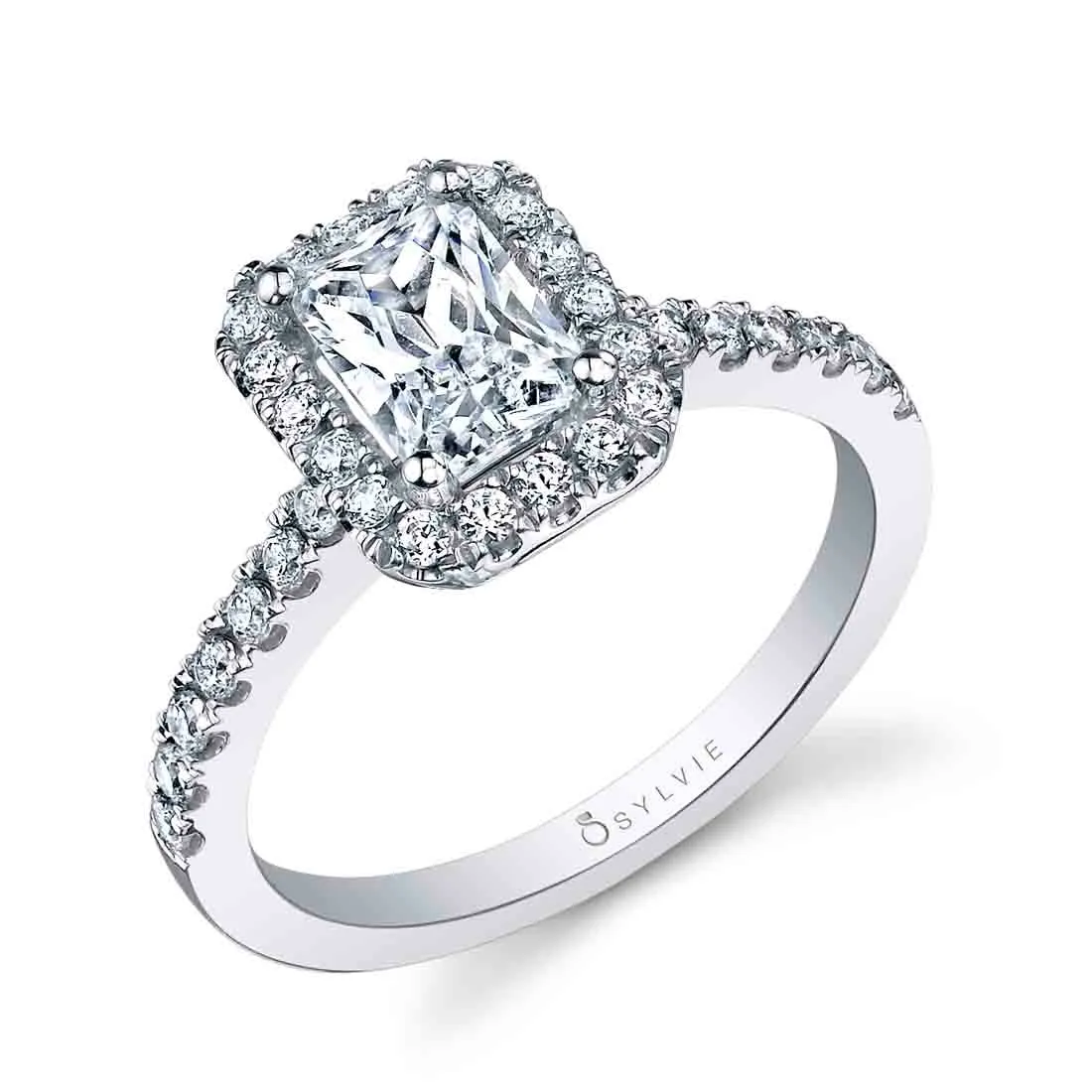 Emerald Cut Classic Two Tone Halo Engagement Ring - Chantelle 18k Gold White