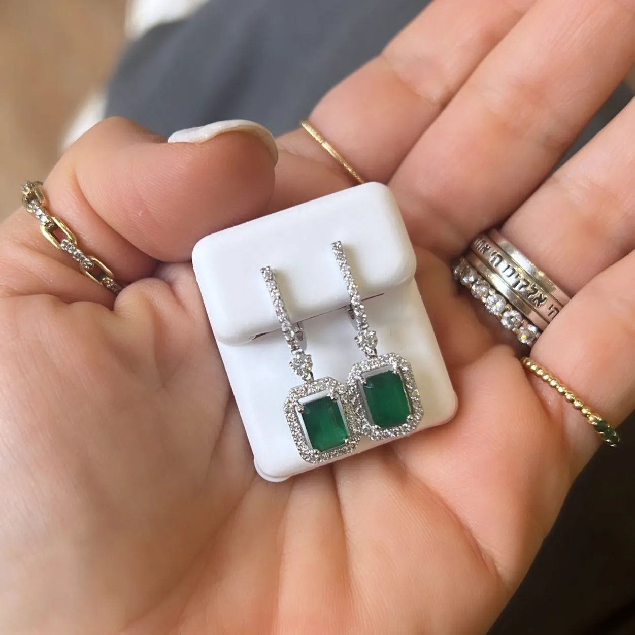 Emerald Cut Diamond Halo Dangle Huggies