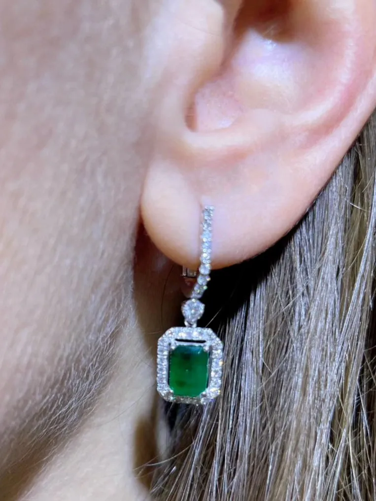 Emerald Cut Diamond Halo Dangle Huggies