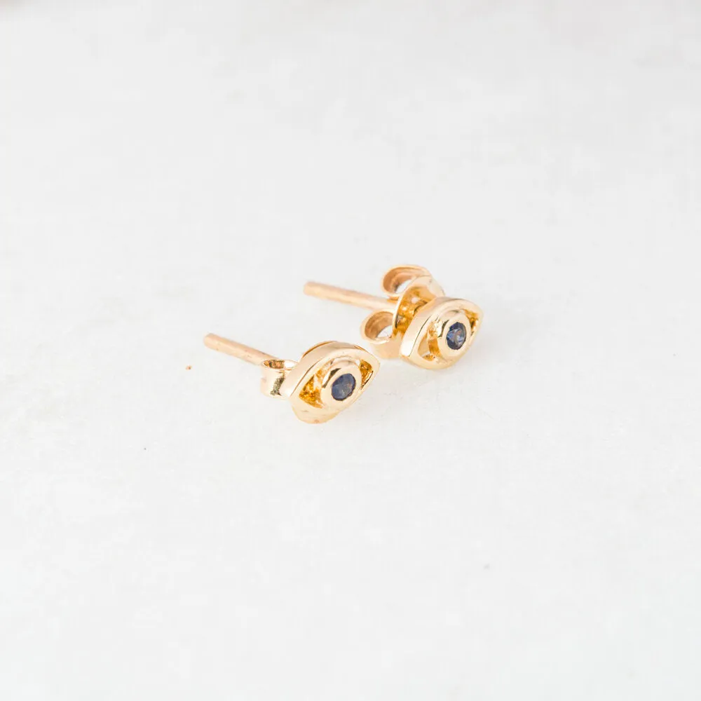 Evil Eye Sapphire Studs, 14k Gold