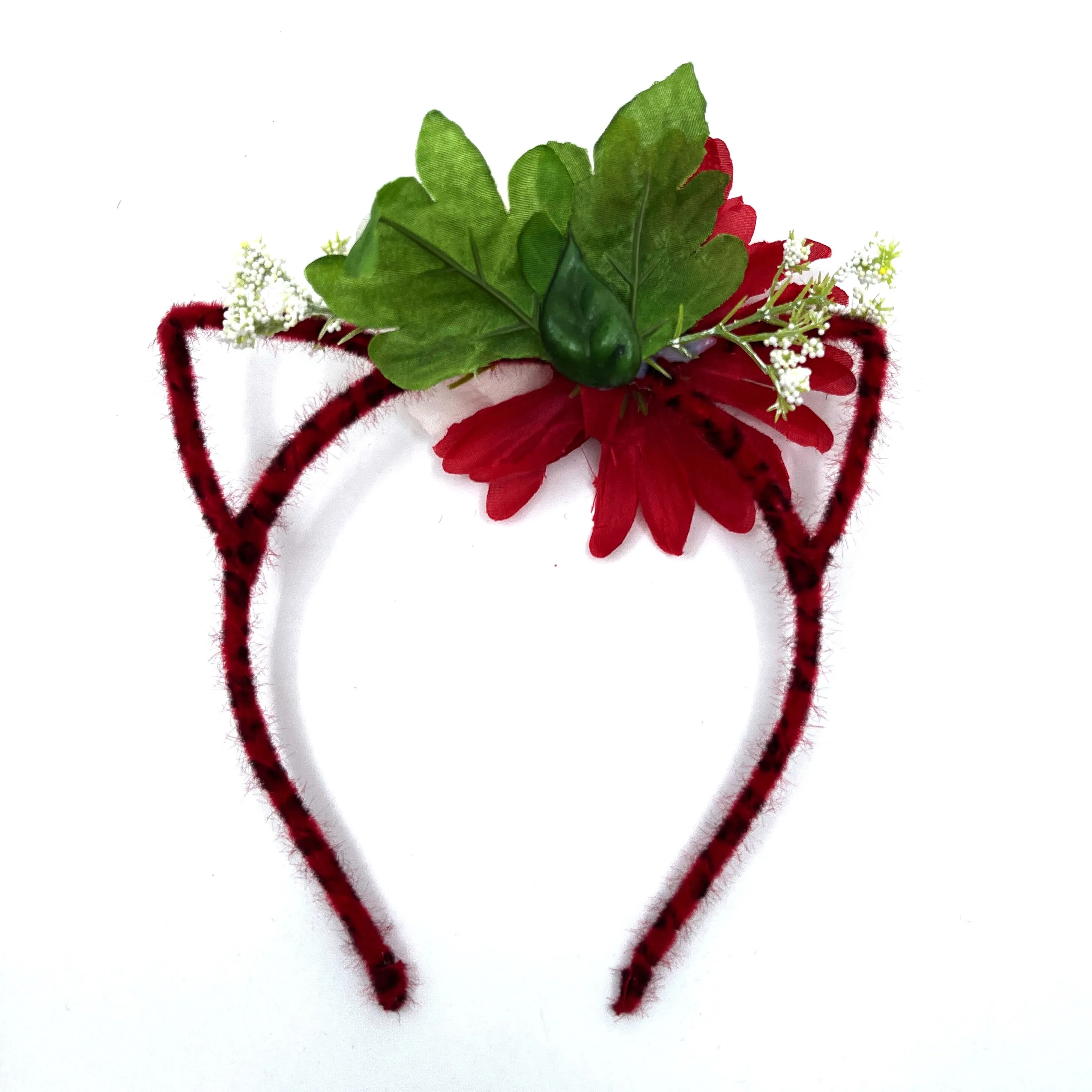 Floral Cat Ears Headband - Red Daisy & Rose