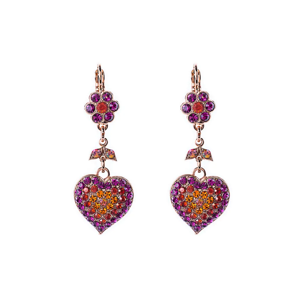Flower and Heart Dangle Leverback Earrings in "Hibiscus" *Custom*