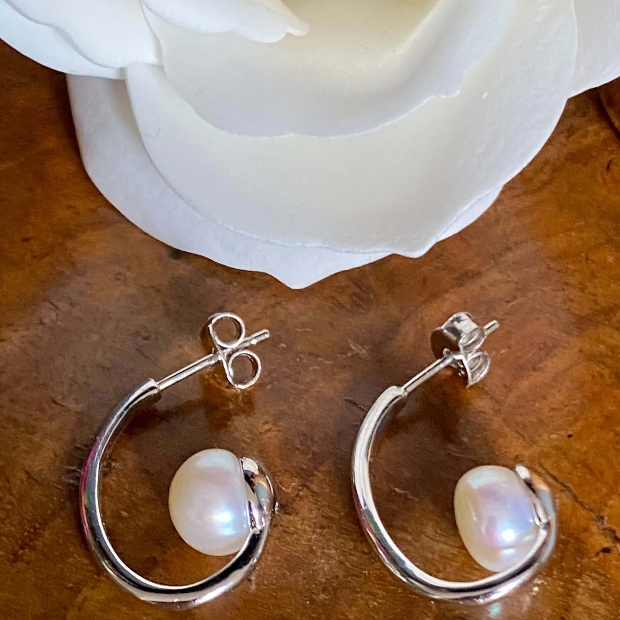 Freshwater Pearl Half Hoop Sterling Silver Earrings