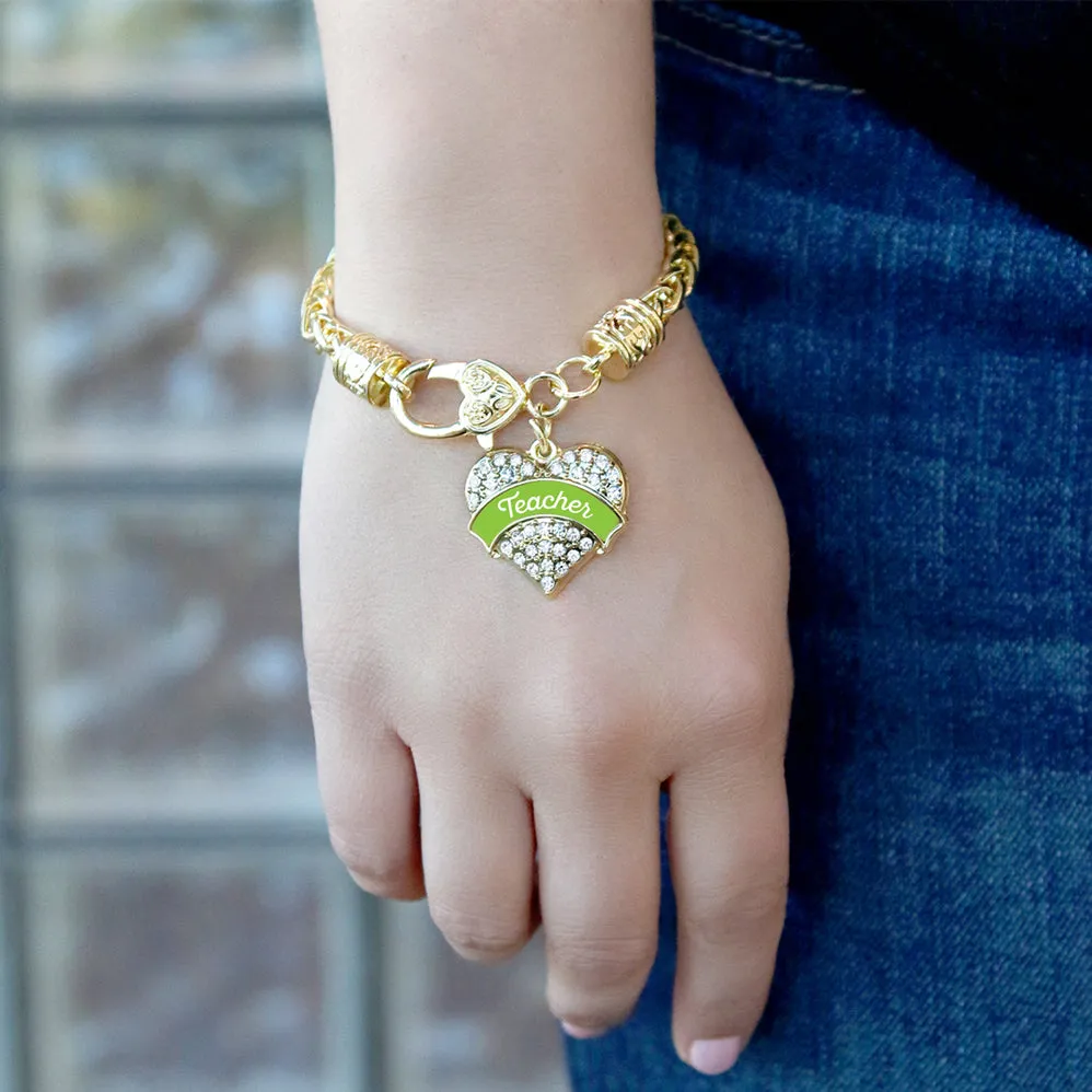 Gold Lime Green Teacher Pave Heart Charm Braided Bracelet