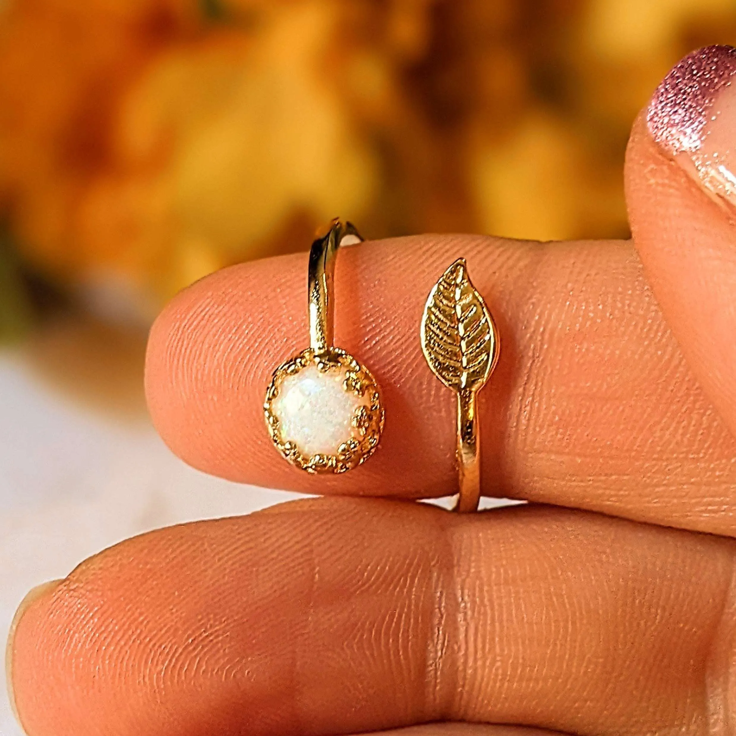 Gold White Opal Adjustable Leaf Ring