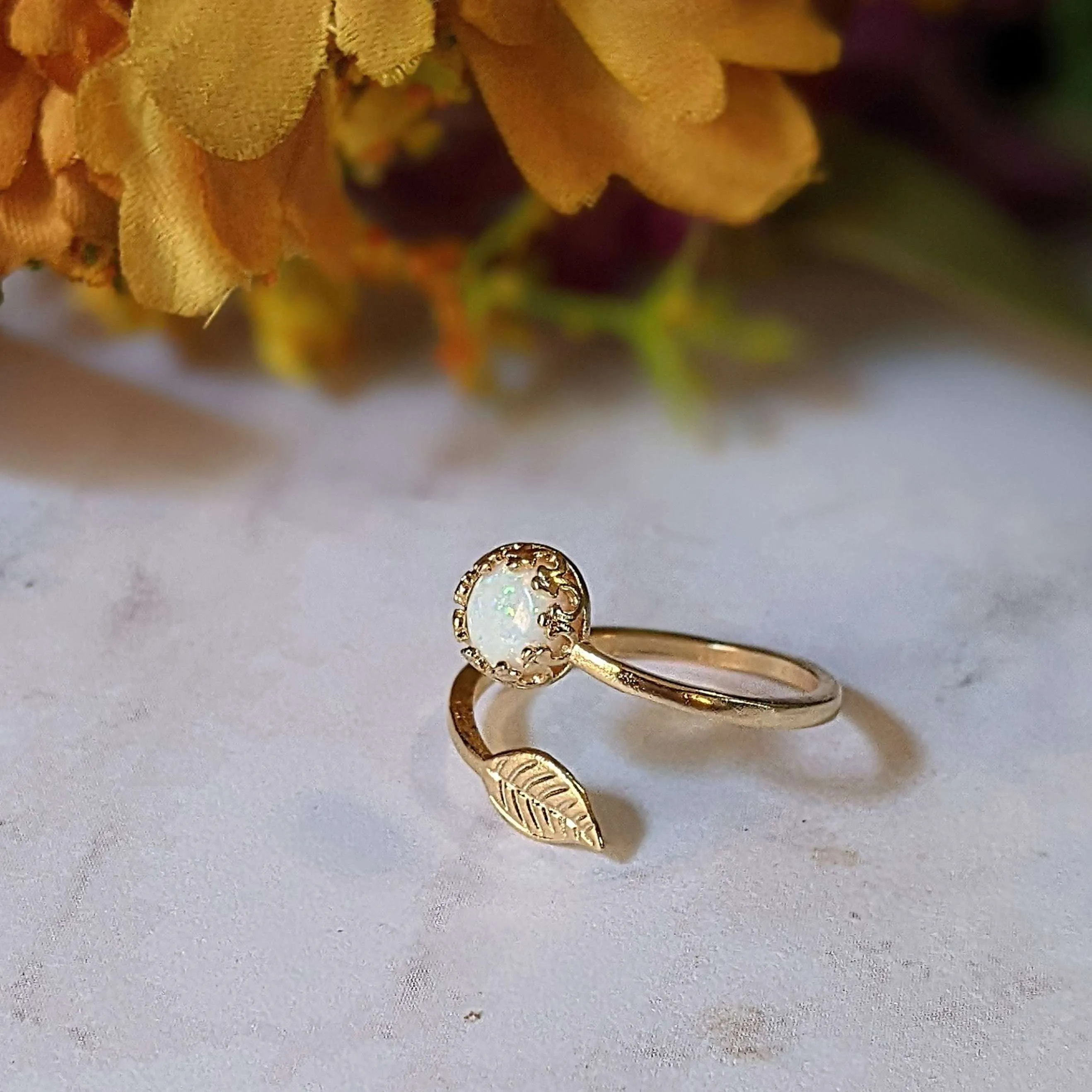 Gold White Opal Adjustable Leaf Ring