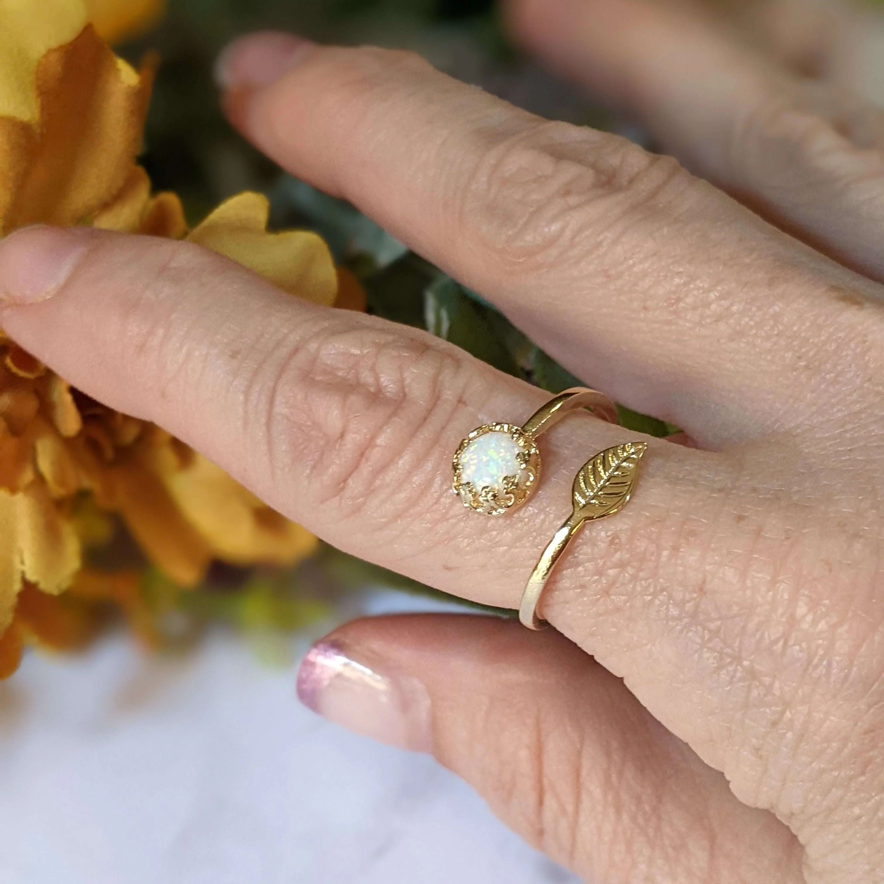 Gold White Opal Adjustable Leaf Ring