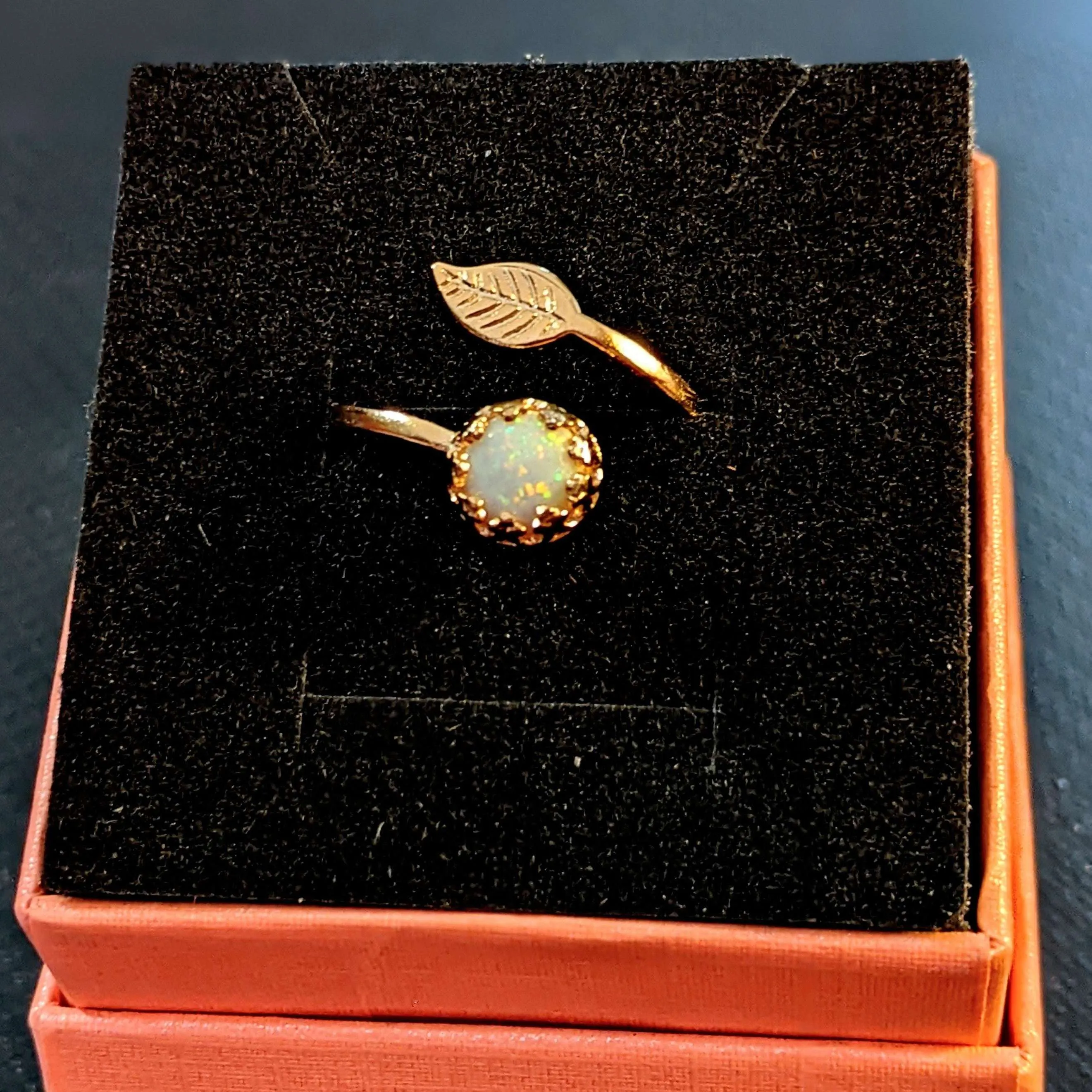 Gold White Opal Adjustable Leaf Ring