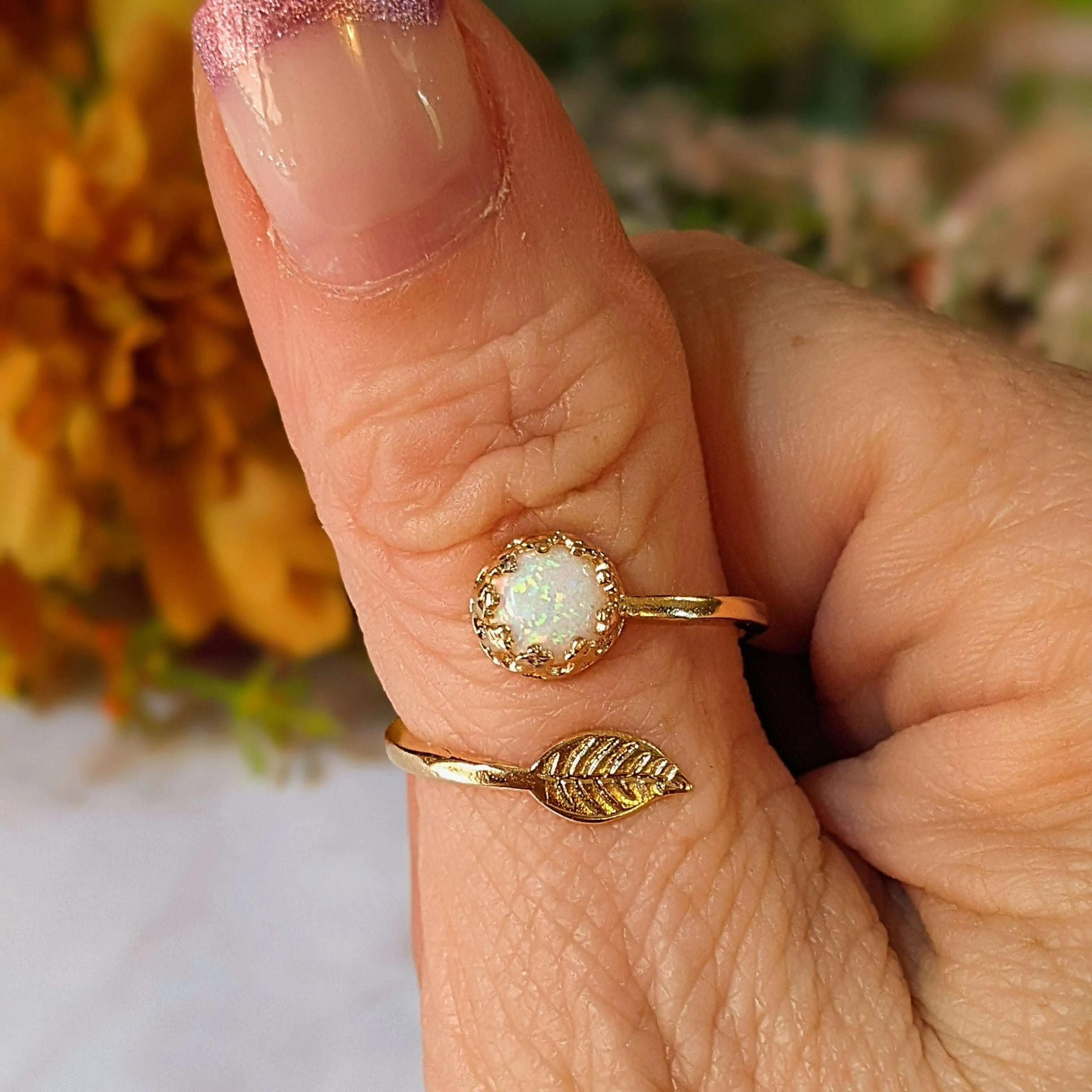 Gold White Opal Adjustable Leaf Ring