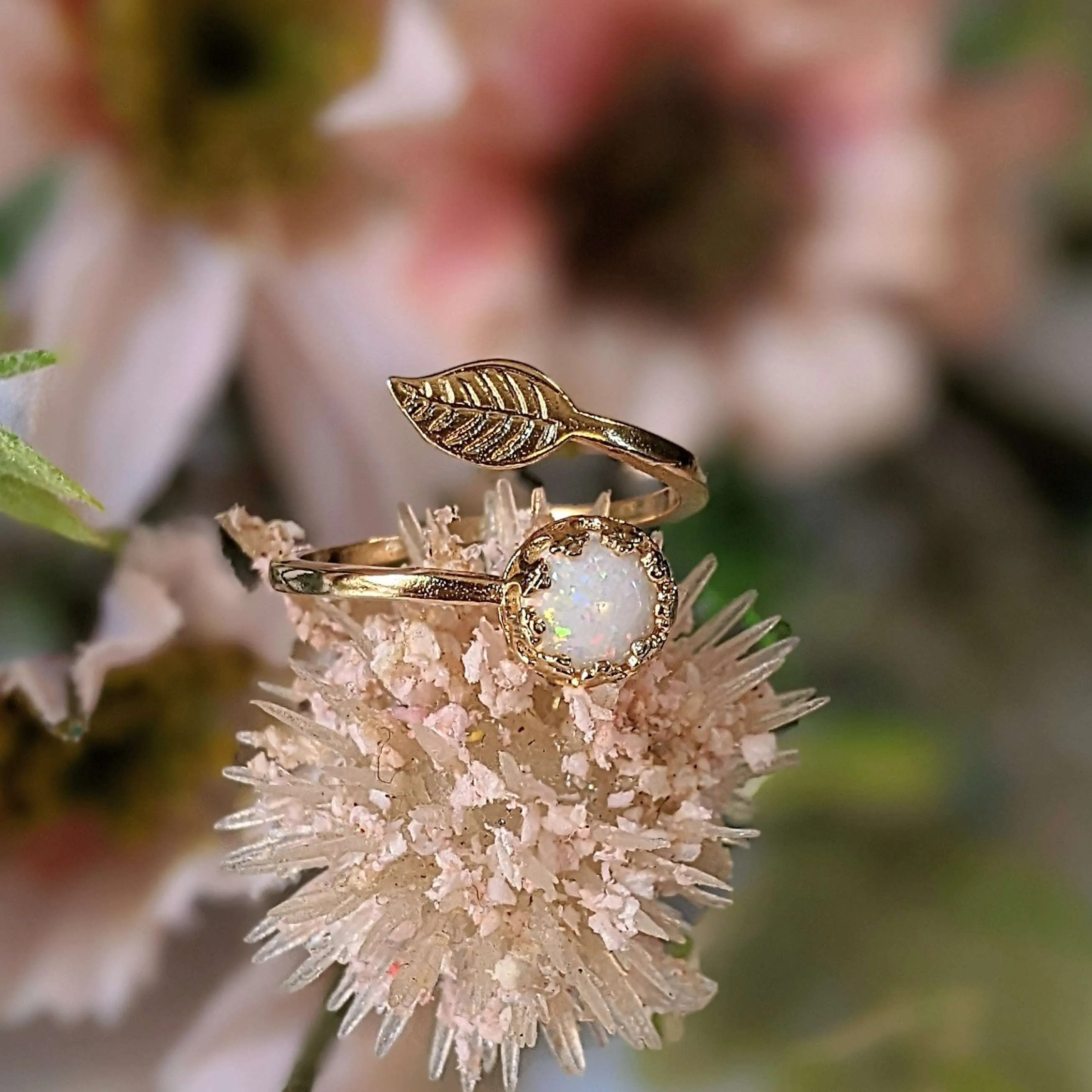 Gold White Opal Adjustable Leaf Ring