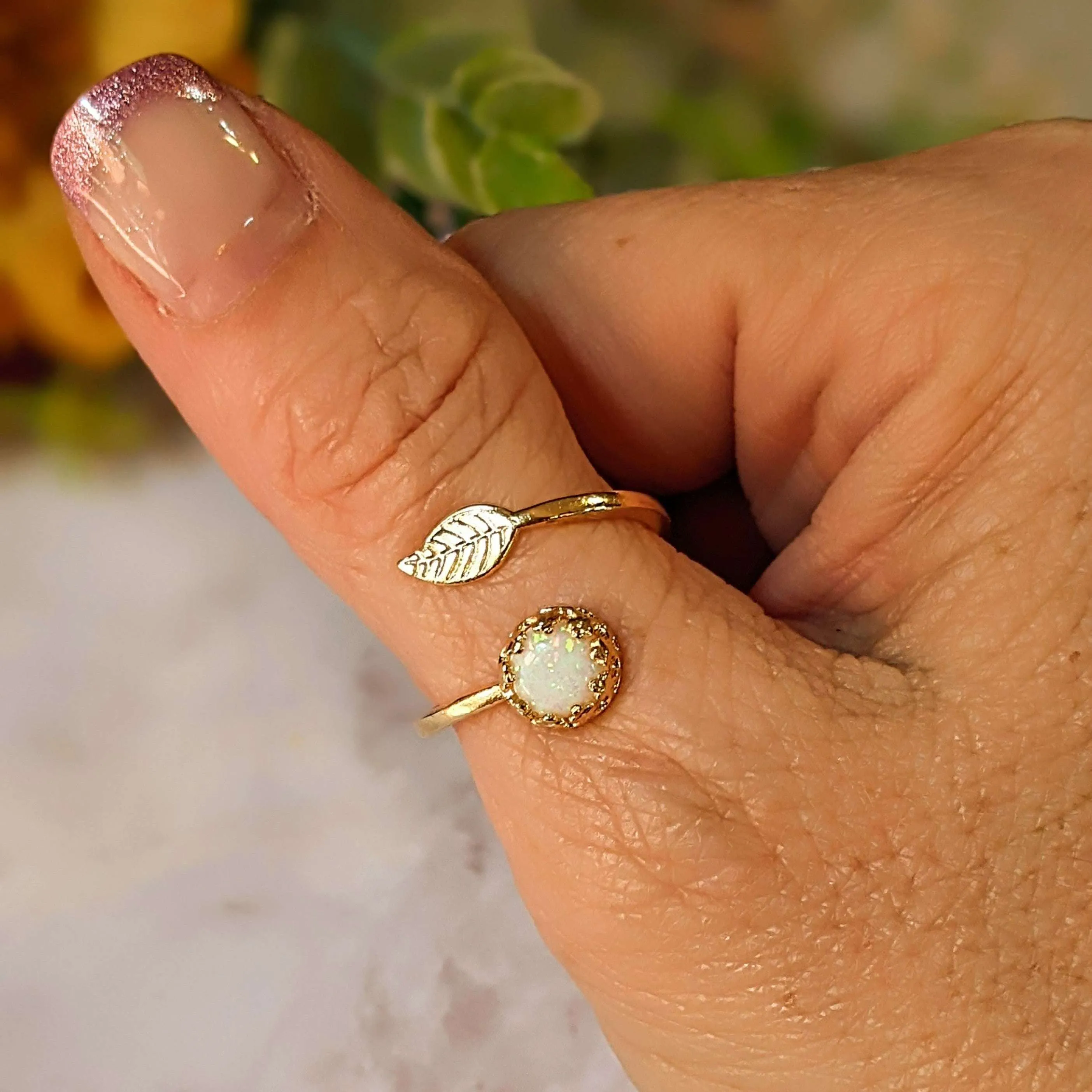 Gold White Opal Adjustable Leaf Ring