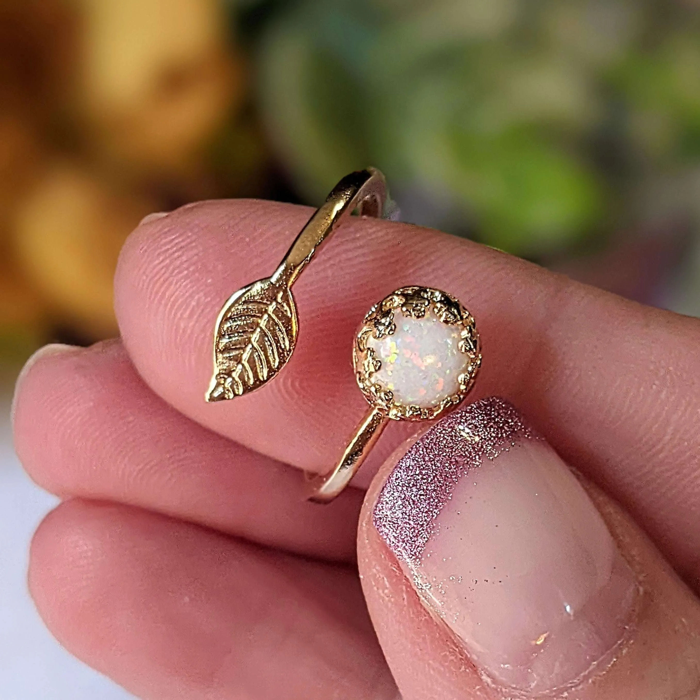 Gold White Opal Adjustable Leaf Ring