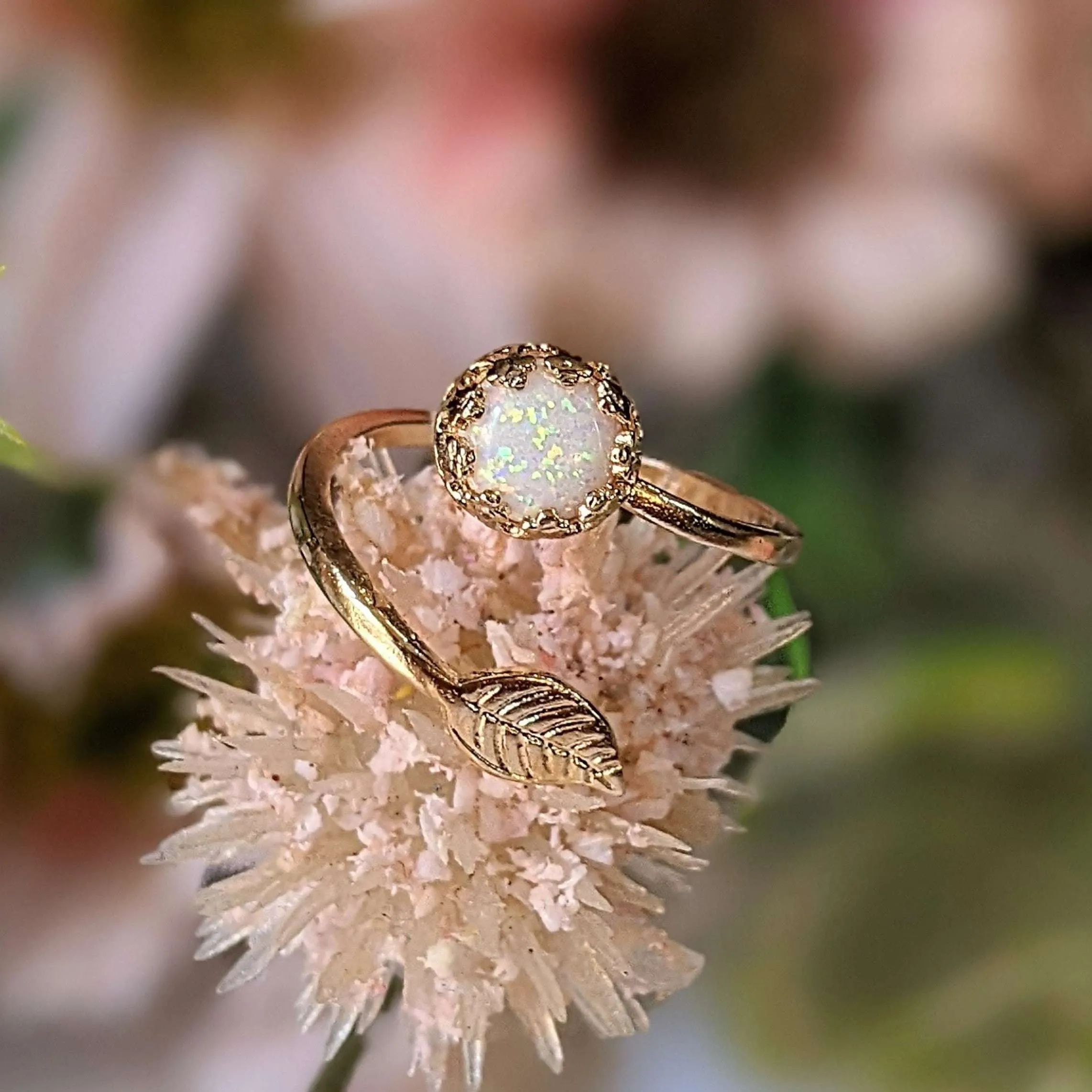 Gold White Opal Adjustable Leaf Ring