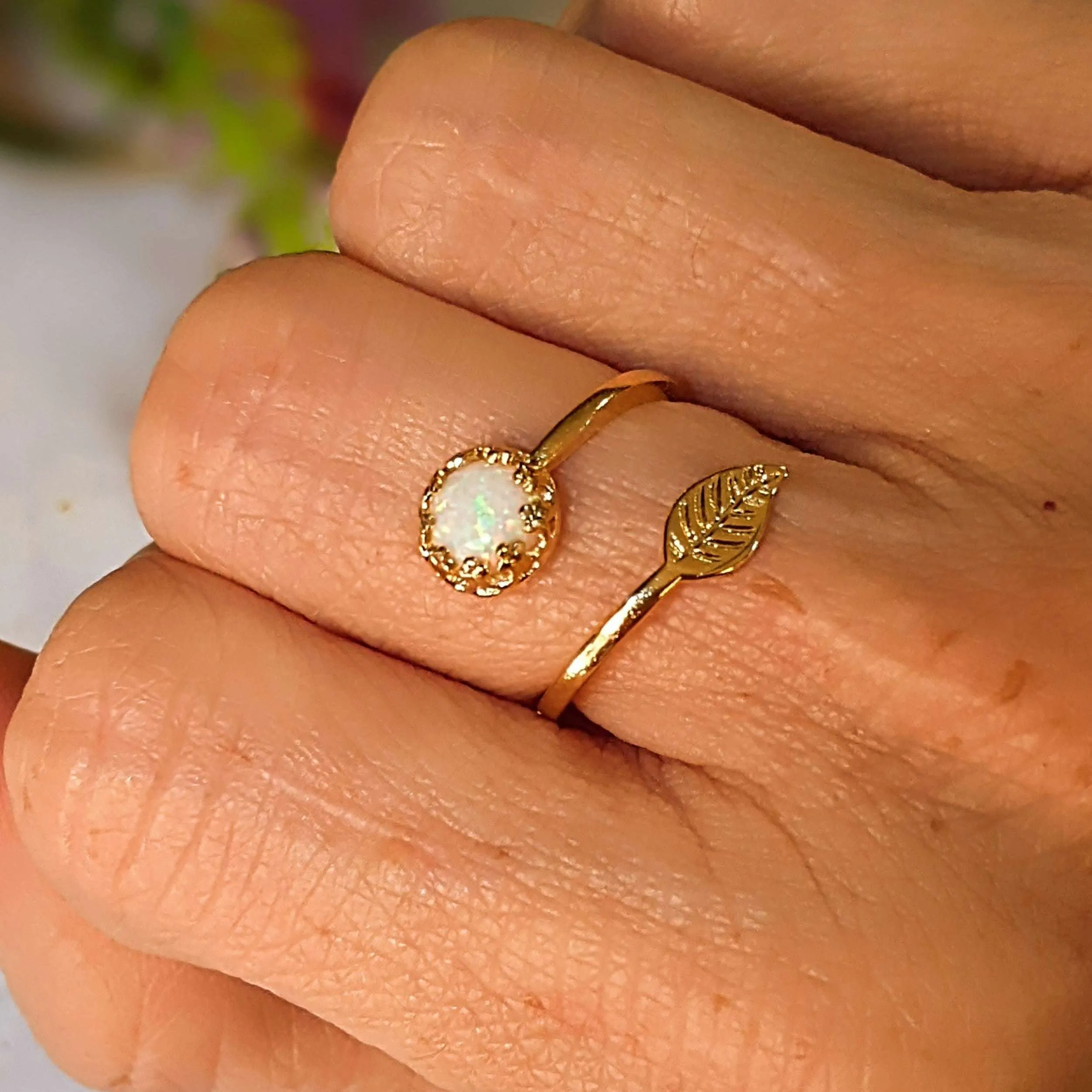 Gold White Opal Adjustable Leaf Ring