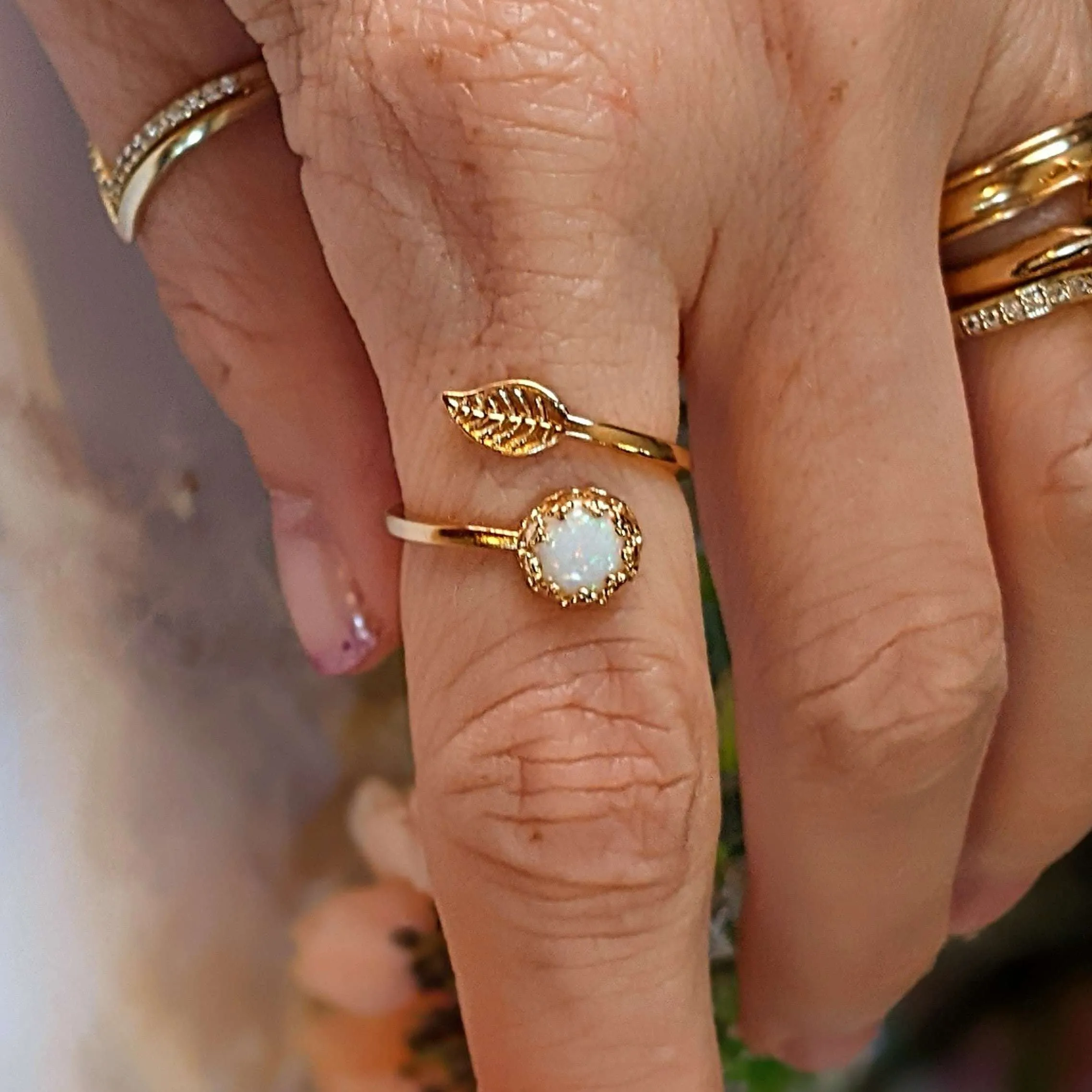 Gold White Opal Adjustable Leaf Ring